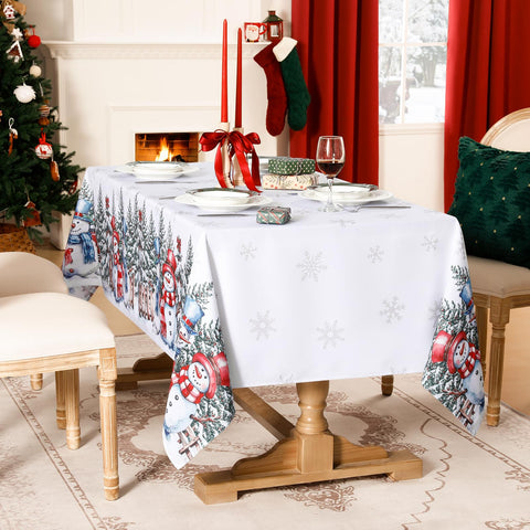 Softalker farmhouse decor vibe with white tablecloth on winter dining setup