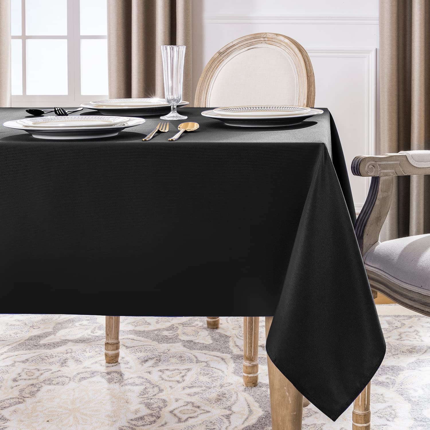 Softalker rectangle tablecloth 60x84 black on table demonstrates easy care