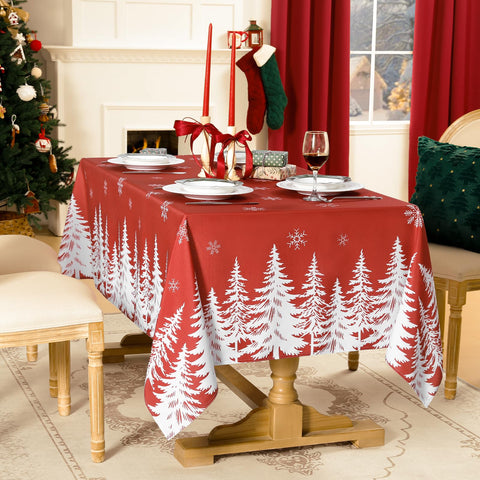 Softalker red Christmas trees tablecloth pattern brightens holiday table.