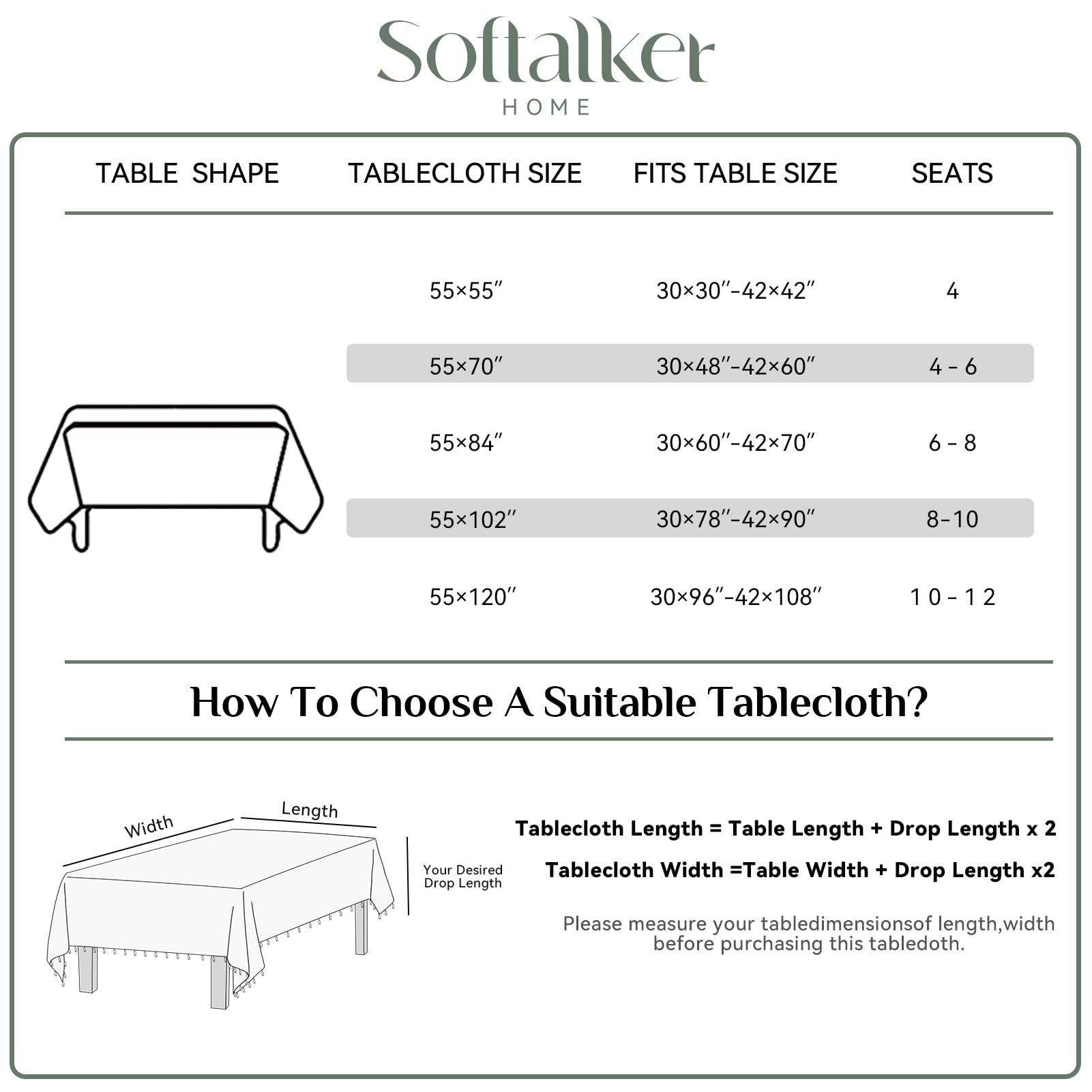 Softalker tablecloth size 55 by 55 inches offers generous overhang