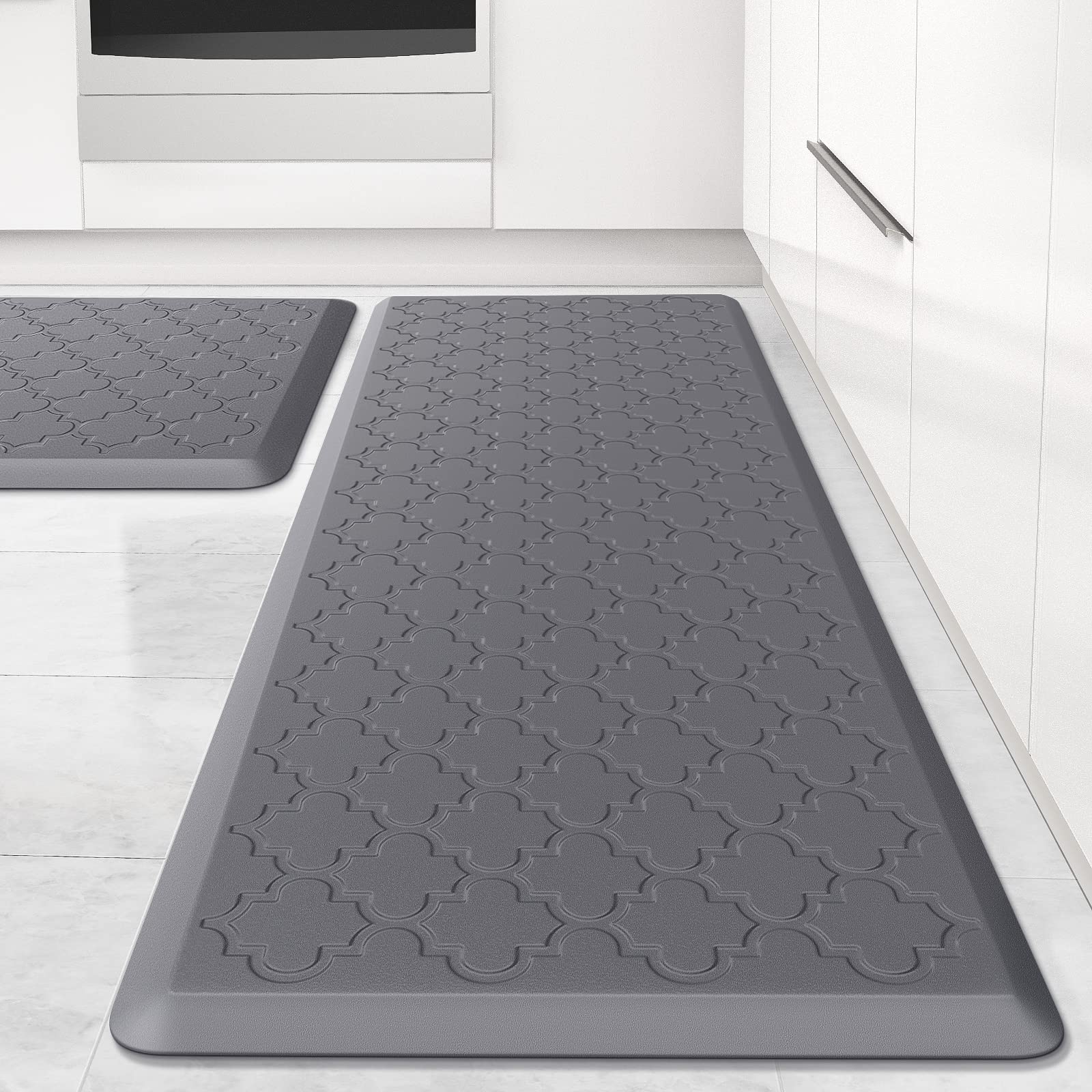 SoftDuo 2-pcs grey kitchen mats set offers cushioned comfort for long cooking sessions.