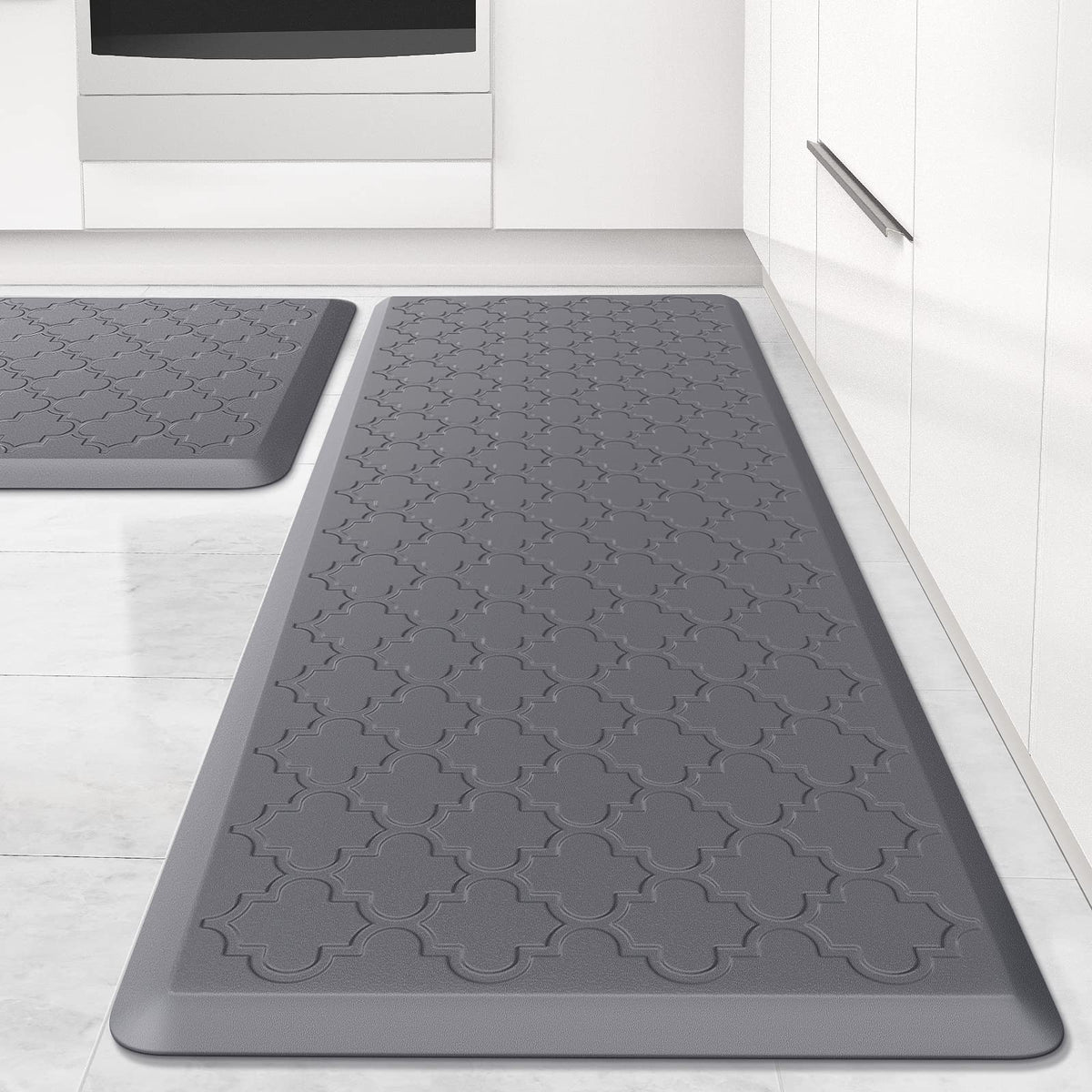 SoftDuo 2-pcs grey kitchen mats set offers cushioned comfort for long cooking sessions.