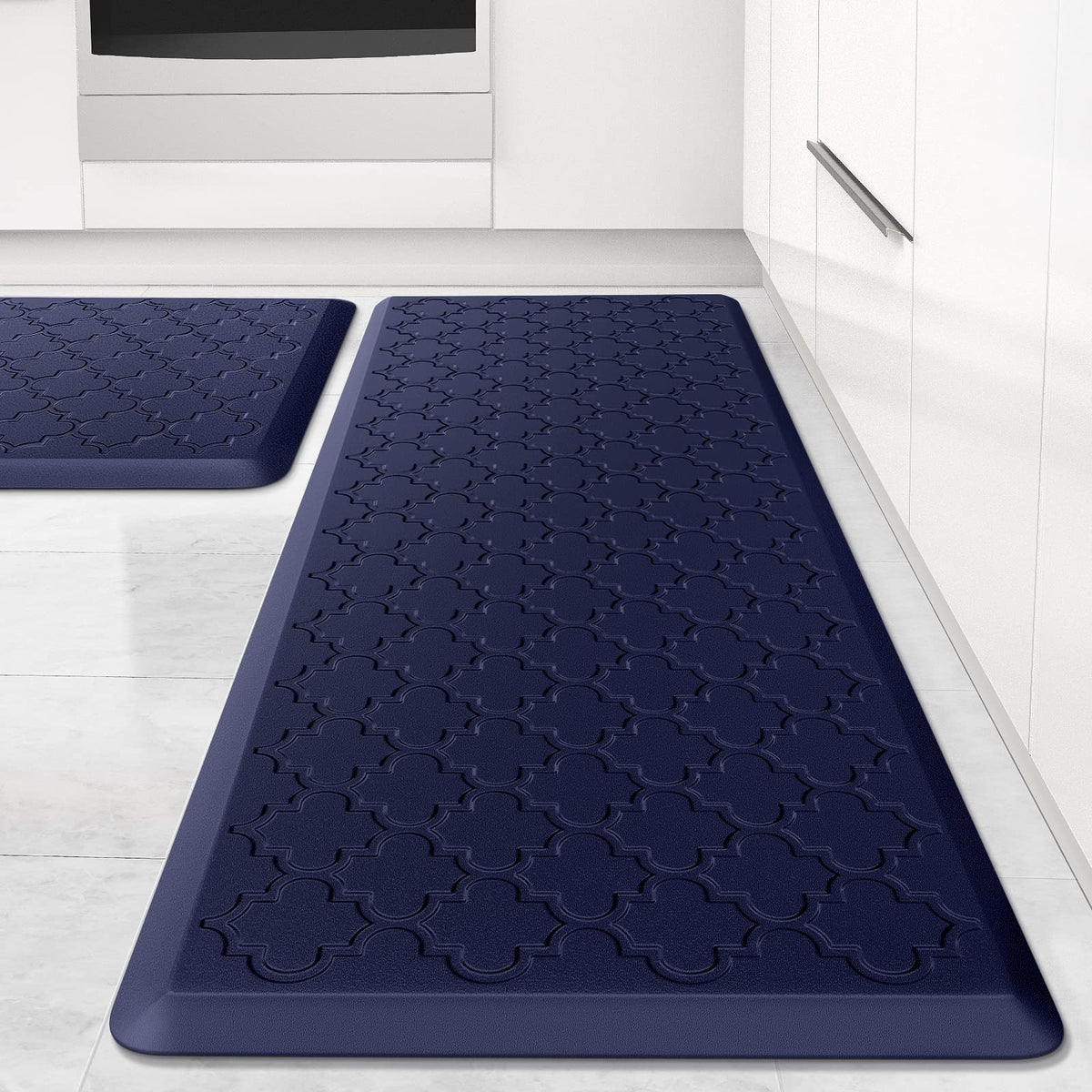 SoftDuo kitchen mat two-piece blue set for extended standing comfort.