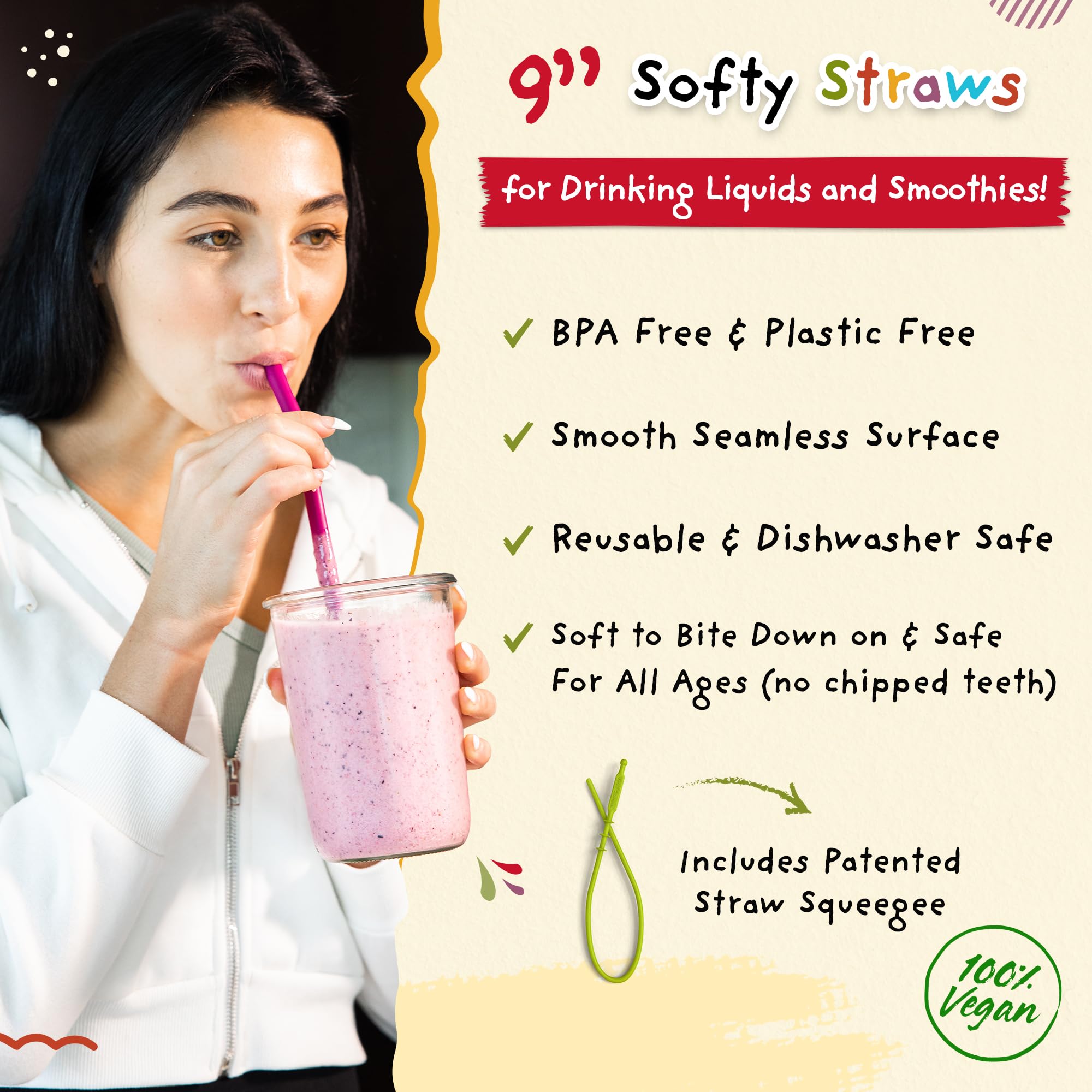 Softy Straws 9-inch straw with squeegee for thorough cleaning after use.
