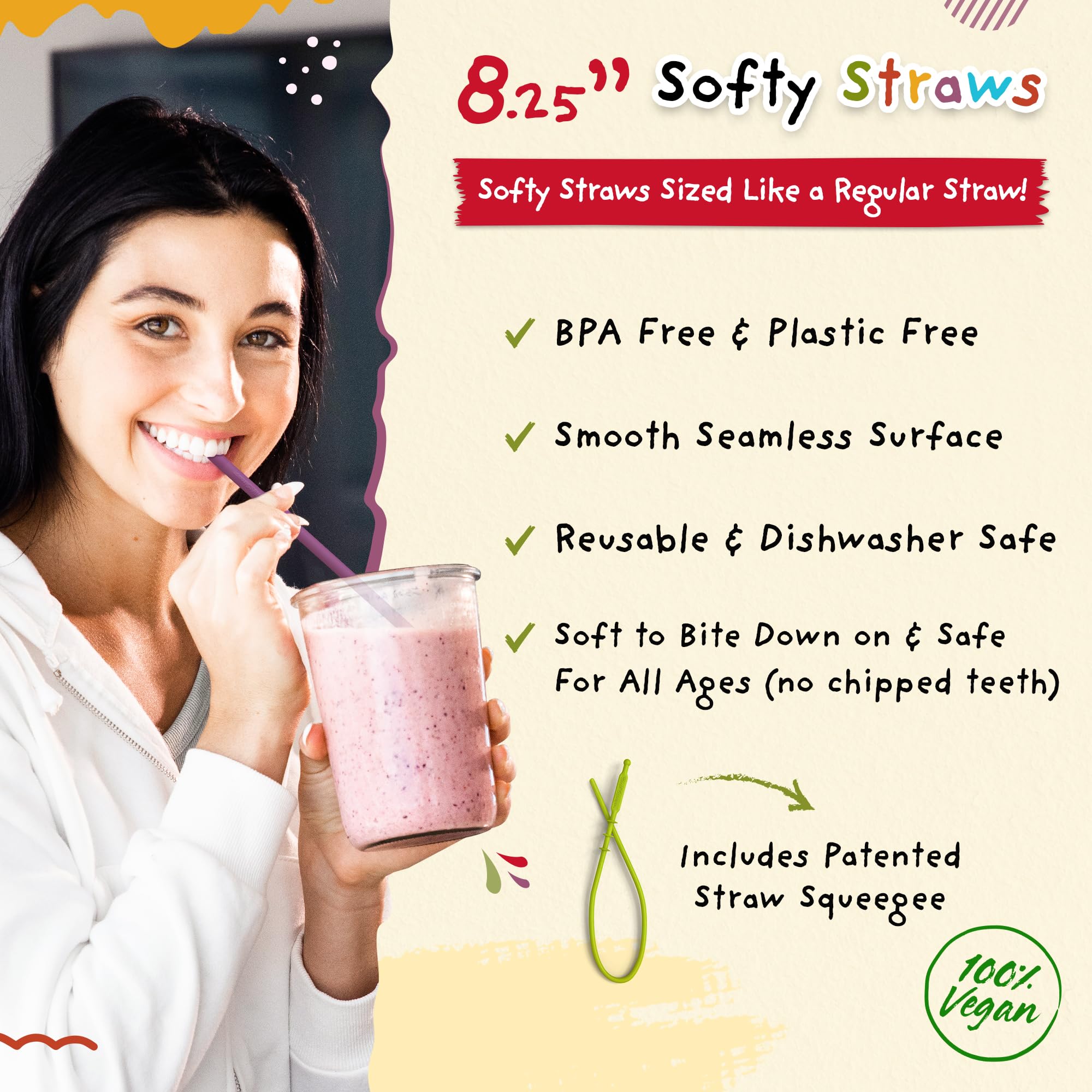 Softy Straws with patent pending straw squeegee for quick cleaning