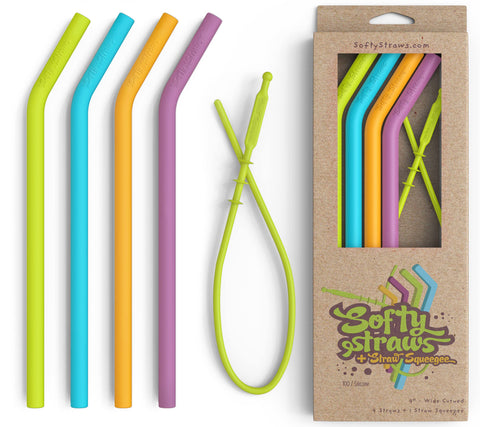 Softy Straws wide premium silicone straw with curved bend for comfortable sipping.