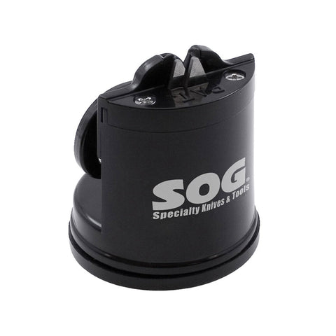 SOG Countertop Sharpener demonstrates razor-edge results on a blade.