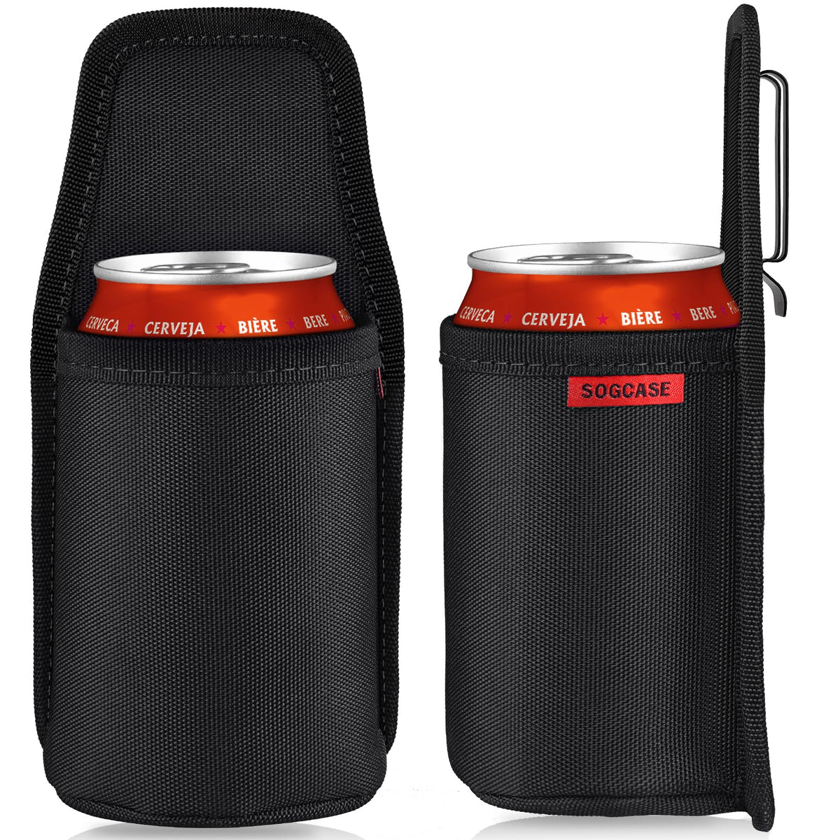 SOGCASE beer holster clipped to belt for quick access during outdoor activities
