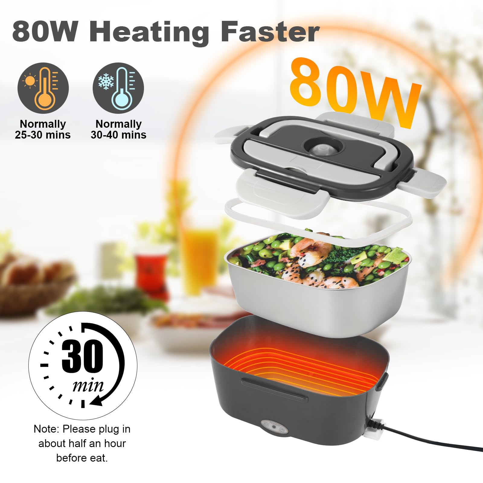 80W heating element delivering quick warmth to your lunch.