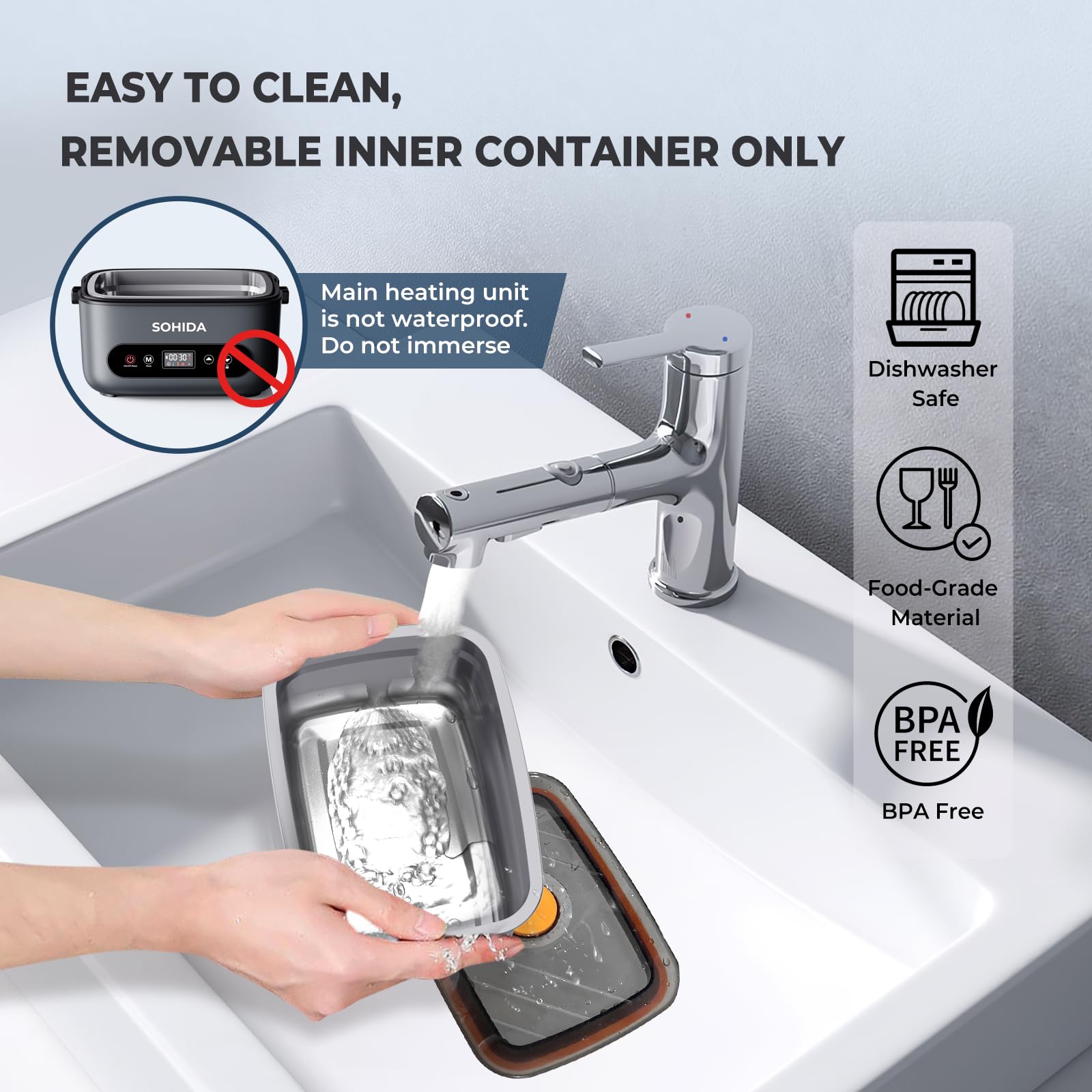 SOHIDA leakproof lid and cable support mess-free meals on the move.