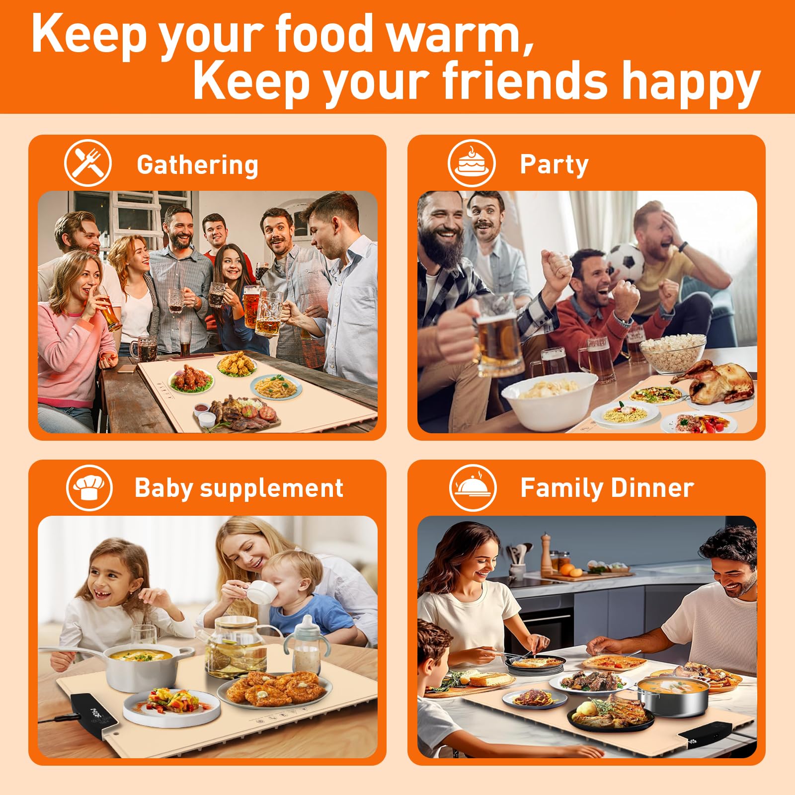 Sohveta timed warming mat showing adjustable heat duration for serving.