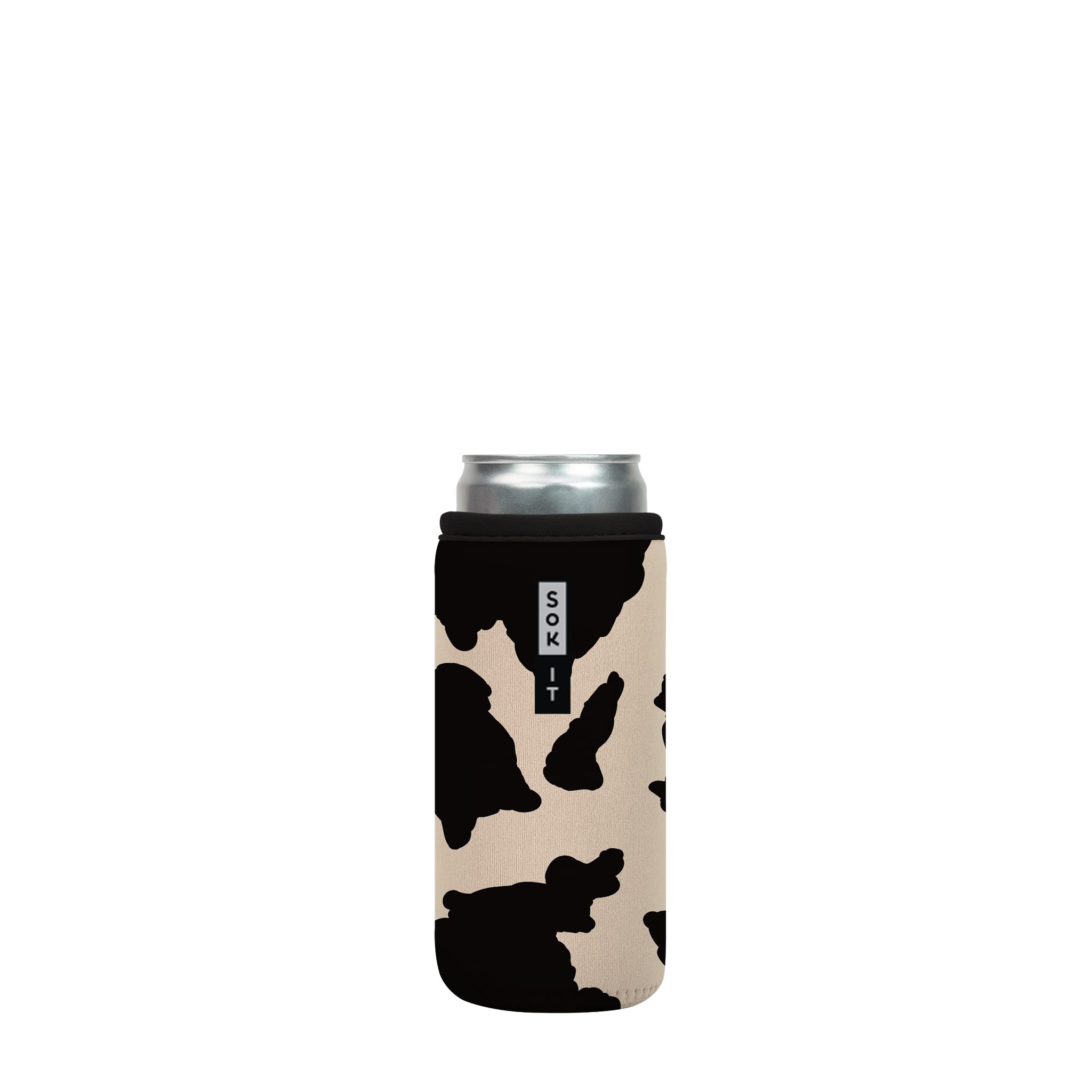 Sok It CanSok cow print 12oz sleeve with a soft non-slip grip for steady sipping.