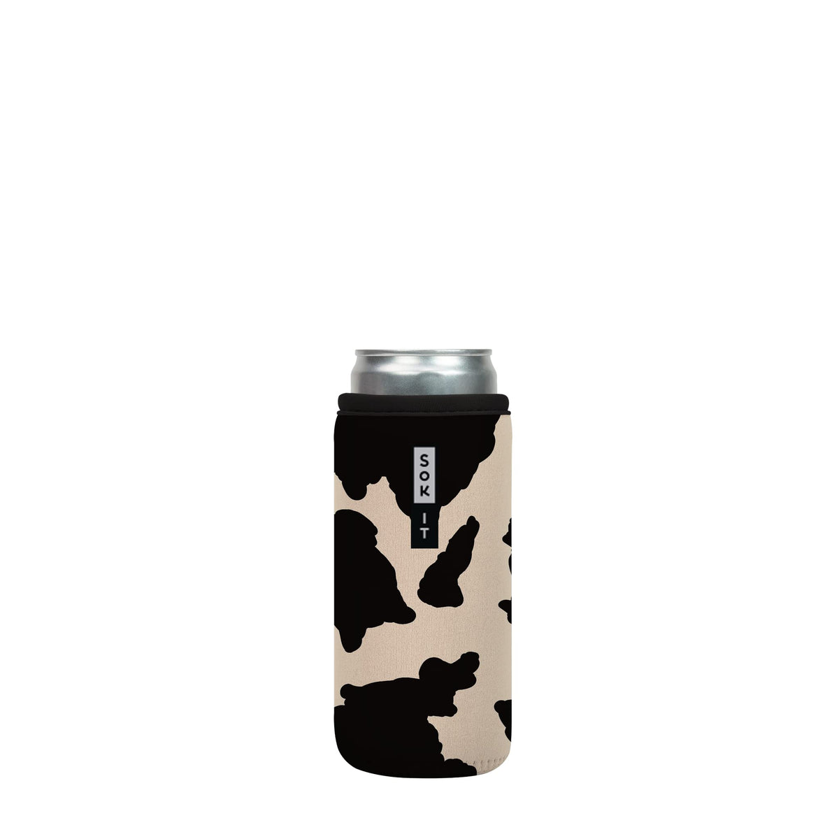 Sok It CanSok cow print 12oz sleeve with a soft non-slip grip for steady sipping.