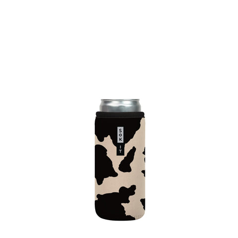 Sok It CanSok cow print 12oz sleeve with a soft non-slip grip for steady sipping.