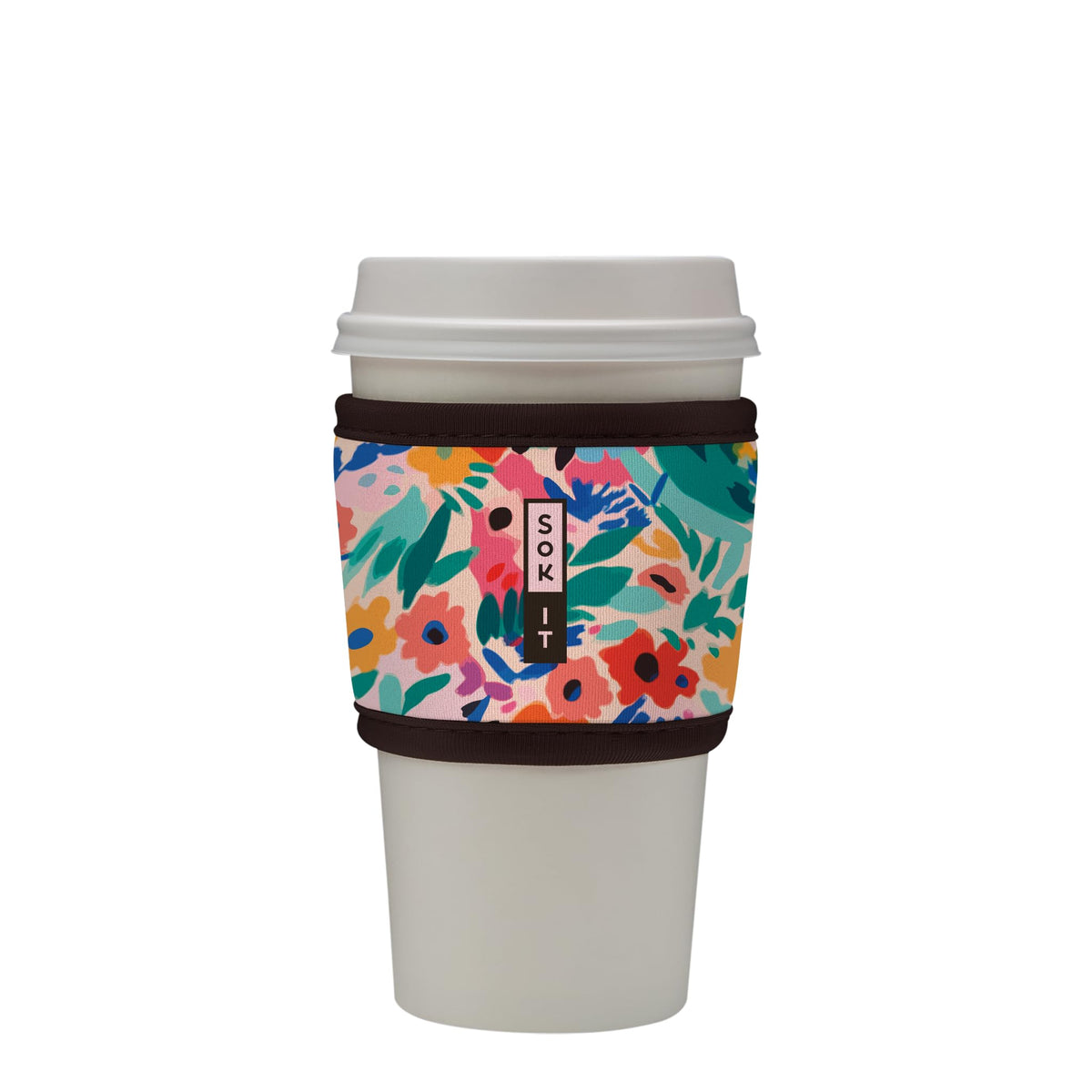 Sok It HotSok coffee sleeve with abstract floral pattern for stylish on-the-go grip.