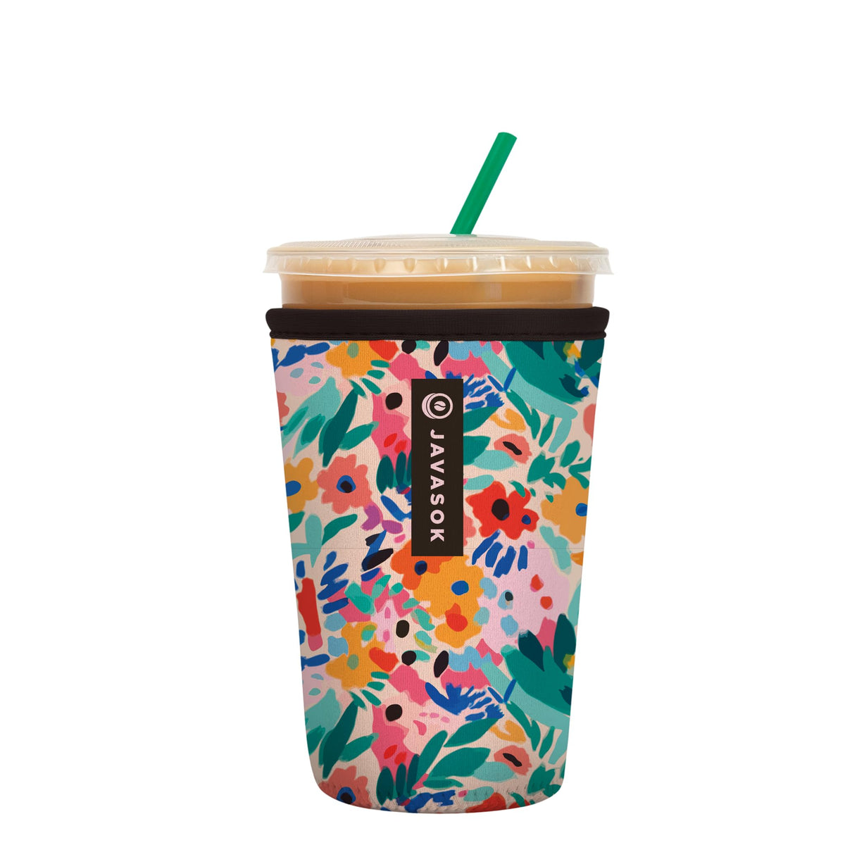 Sok It JavaSok front view with abstract floral print; fits 22-28oz drinks.