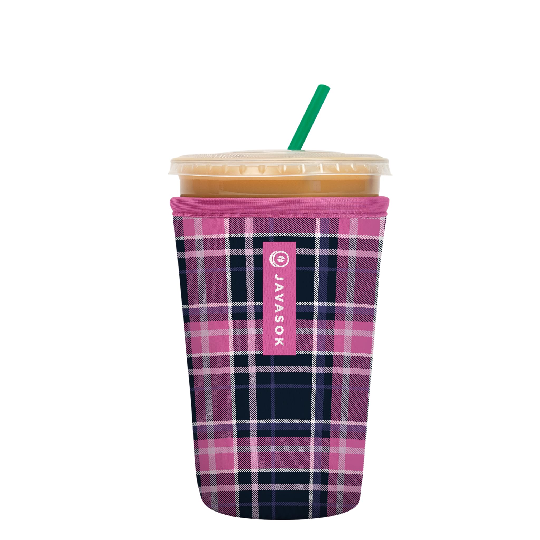 Sok It JavaSok berry plaid pattern sleeve with durable neoprene keeps drinks cold.