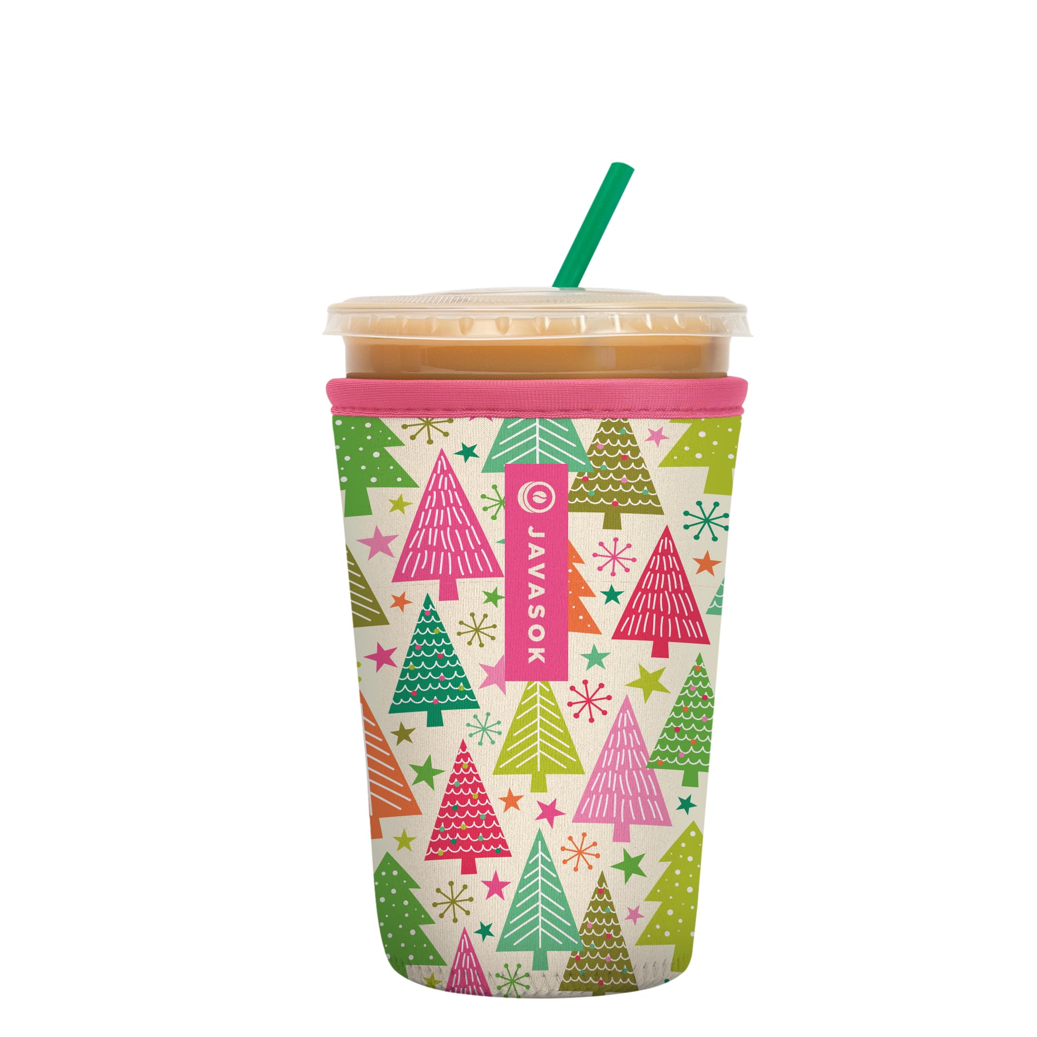 Sok It JavaSok Festive Forest sleeve full view showing size compatible with 22-28 oz drinks for transport and grip
