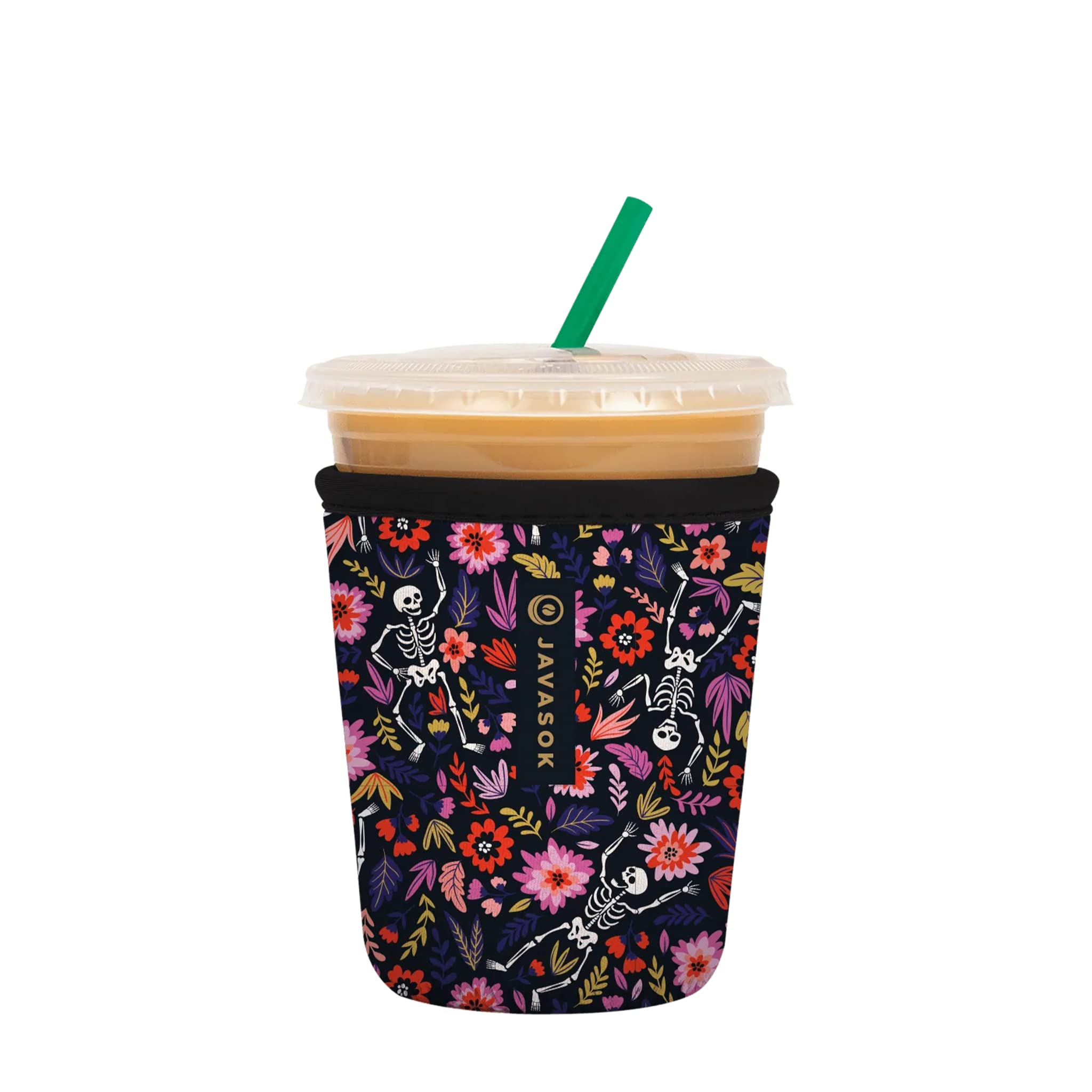 Sok It JavaSok floral skeleton sleeve keeps 16–20oz drinks cold and hands dry.
