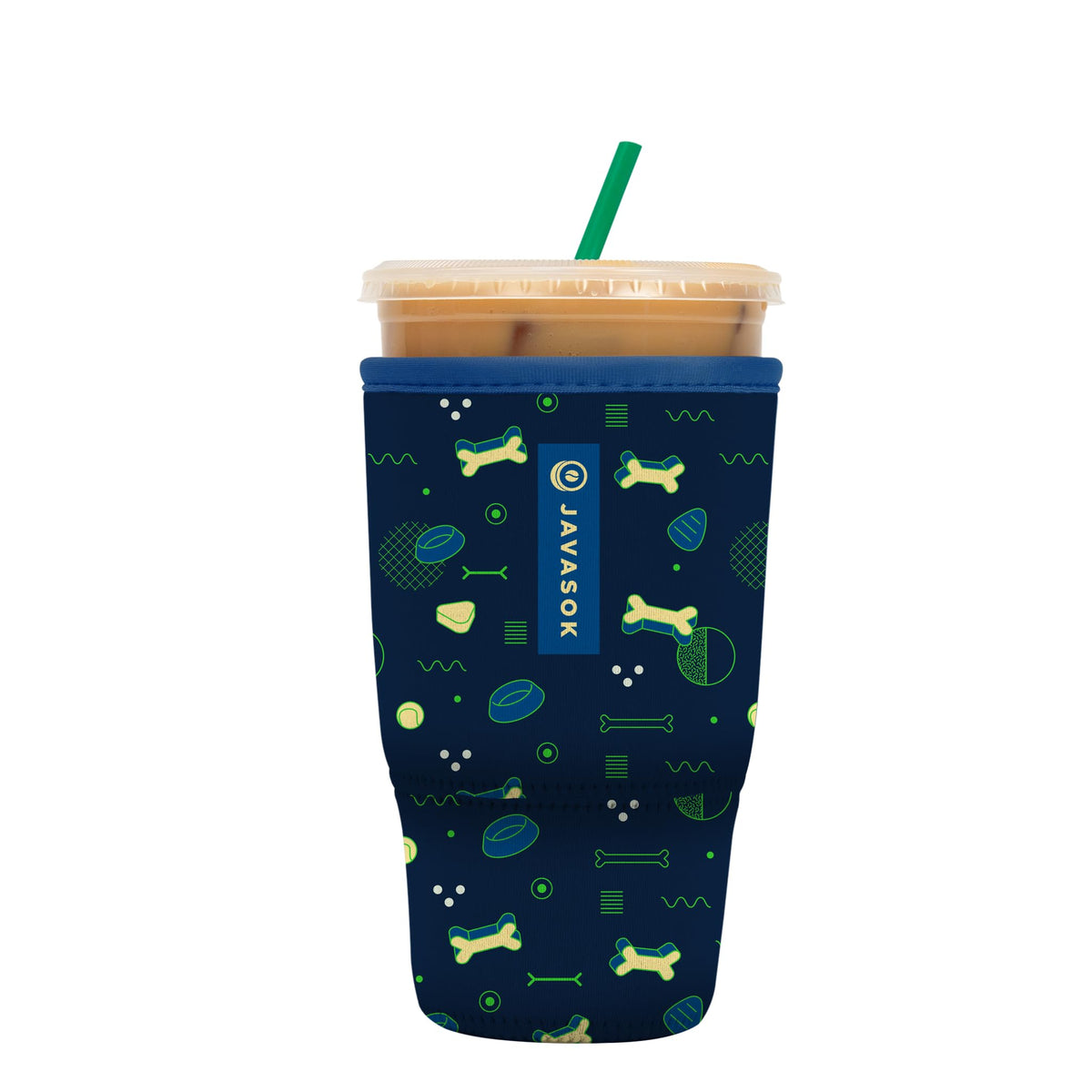 Sok It JavaSok sleeve front view keeps iced coffee cold and hands dry.