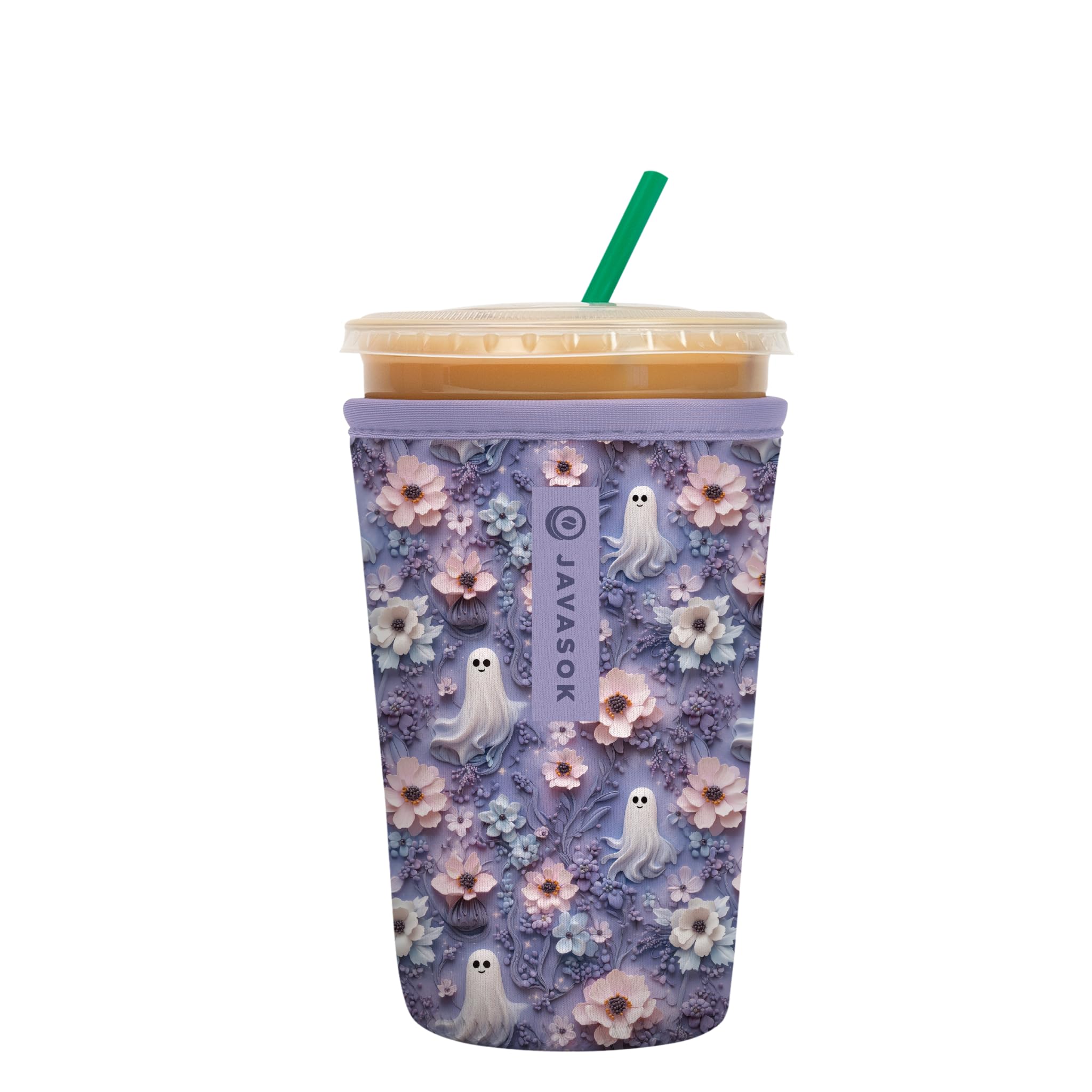 Sok It JavaSok ghostly garden iced coffee sleeve around a cup for cold drinks with comfy grip.