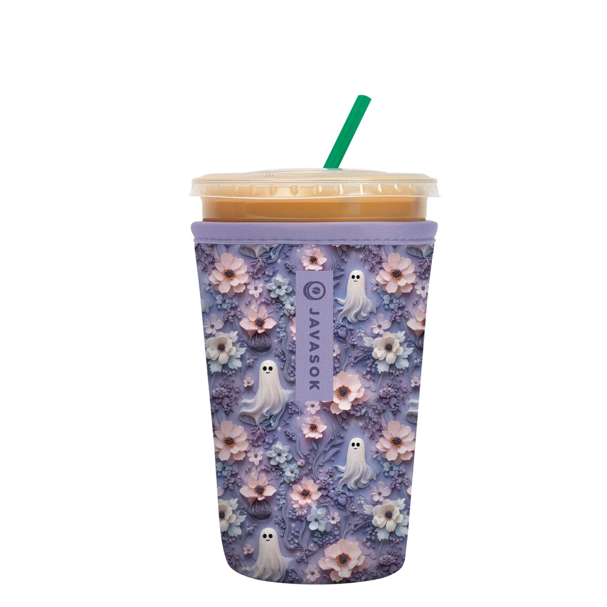 Sok It JavaSok ghostly garden iced coffee sleeve around a cup for cold drinks with comfy grip.