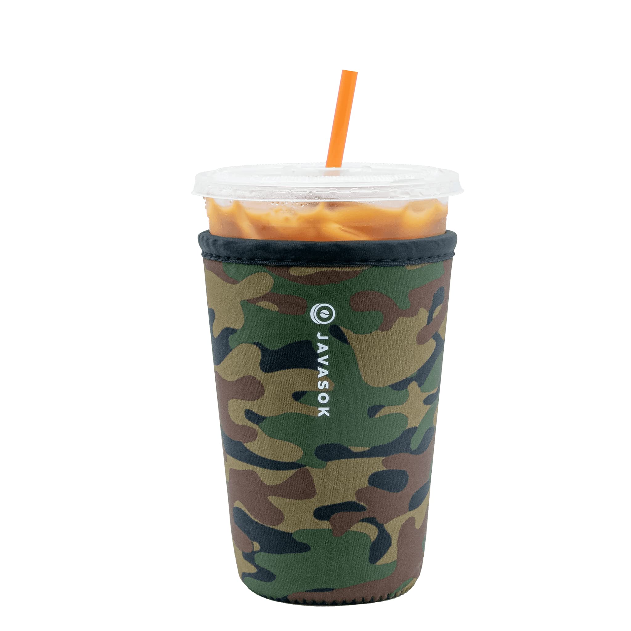 Sok It JavaSok green camo sleeve front view keeps drinks cold and hands dry.