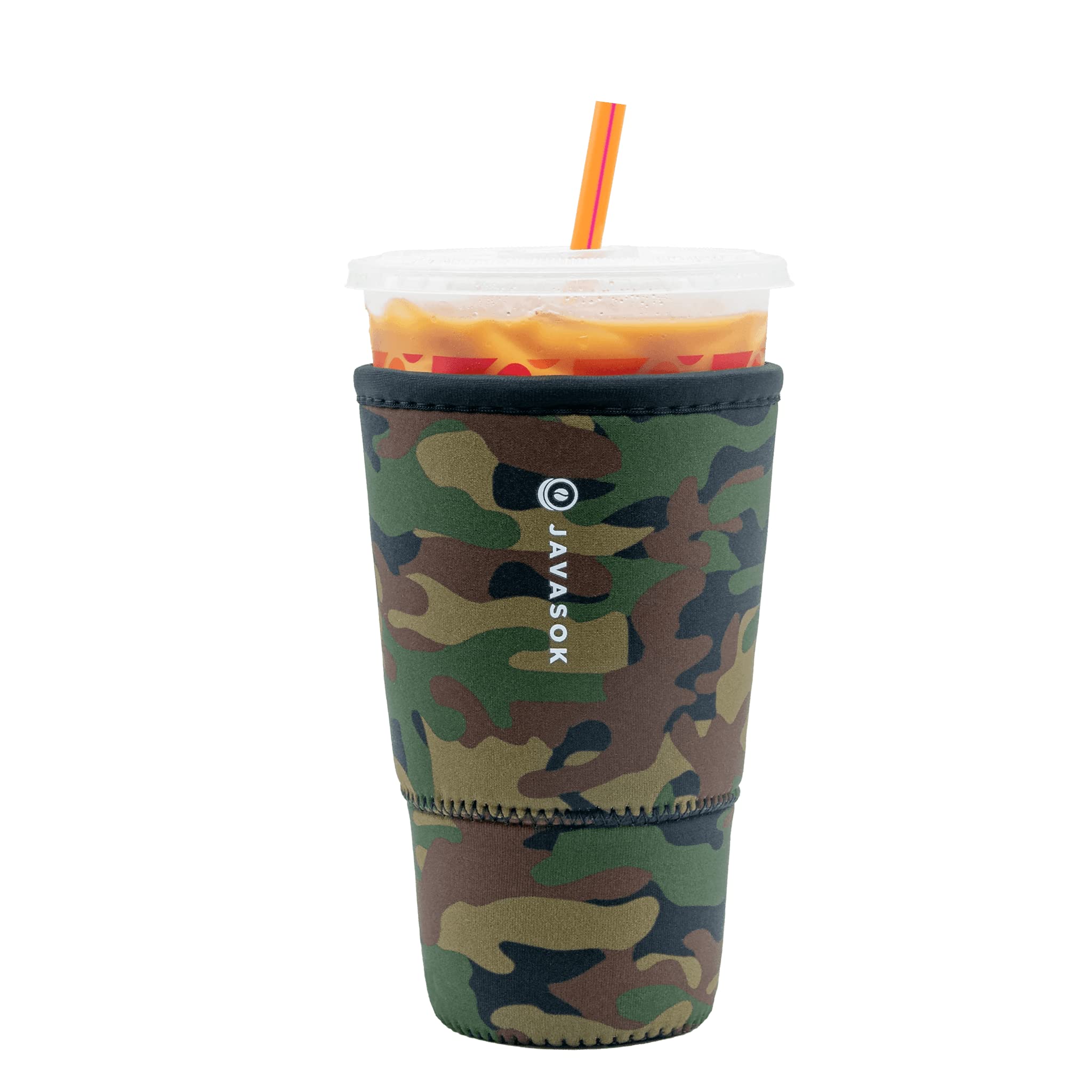 Sok It JavaSok green camo sleeve on keeps beverages cold and hands dry.