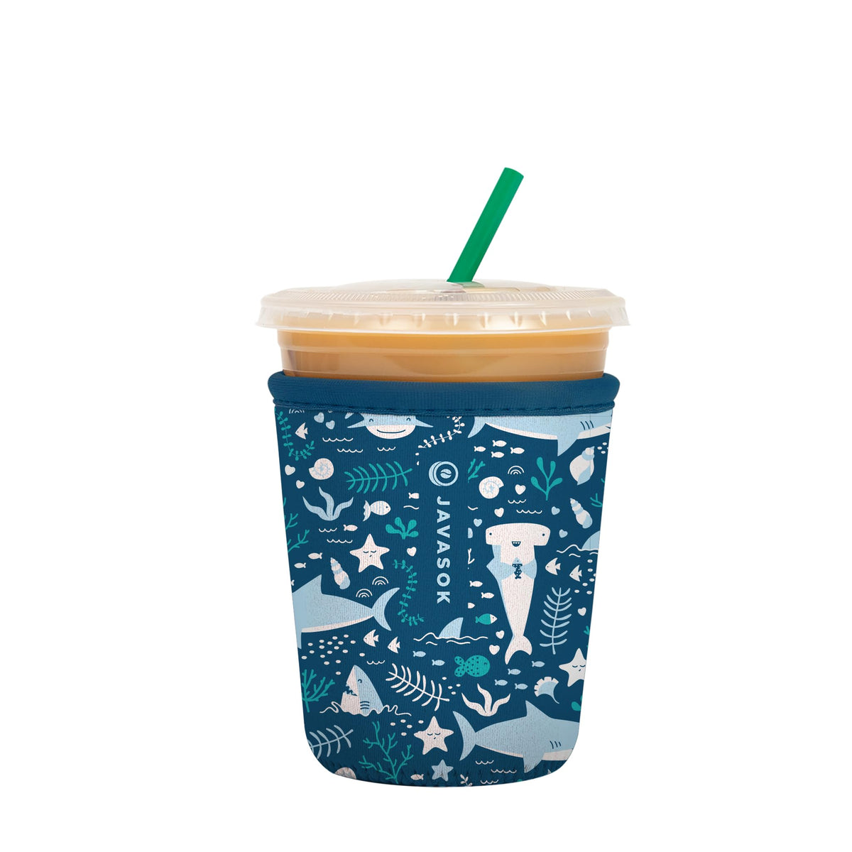 Sok It JavaSok Happy Sharks sleeve, front view for stylish on-the-go cooling.