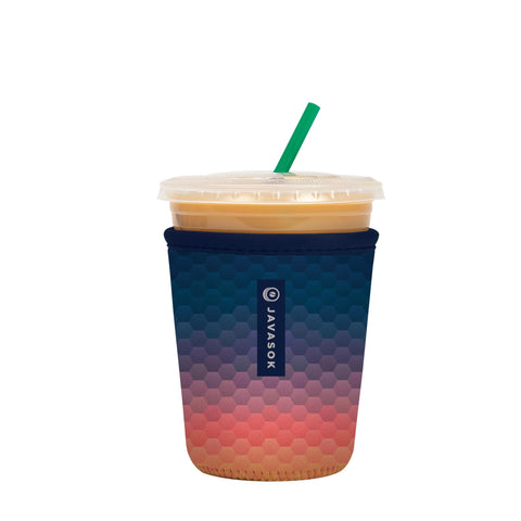 Sok It JavaSok hexagon sunset sleeve on 16-20oz cup keeps drinks cold and hands dry.