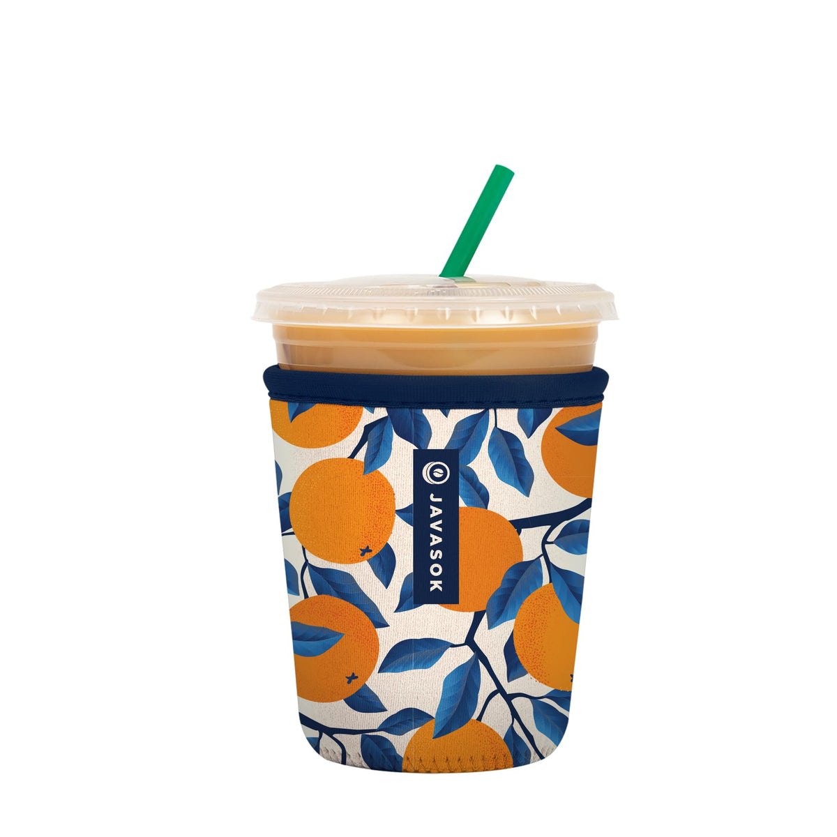 Sok It JavaSok iced coffee sleeve on glass, keeps drink cold and hands dry.