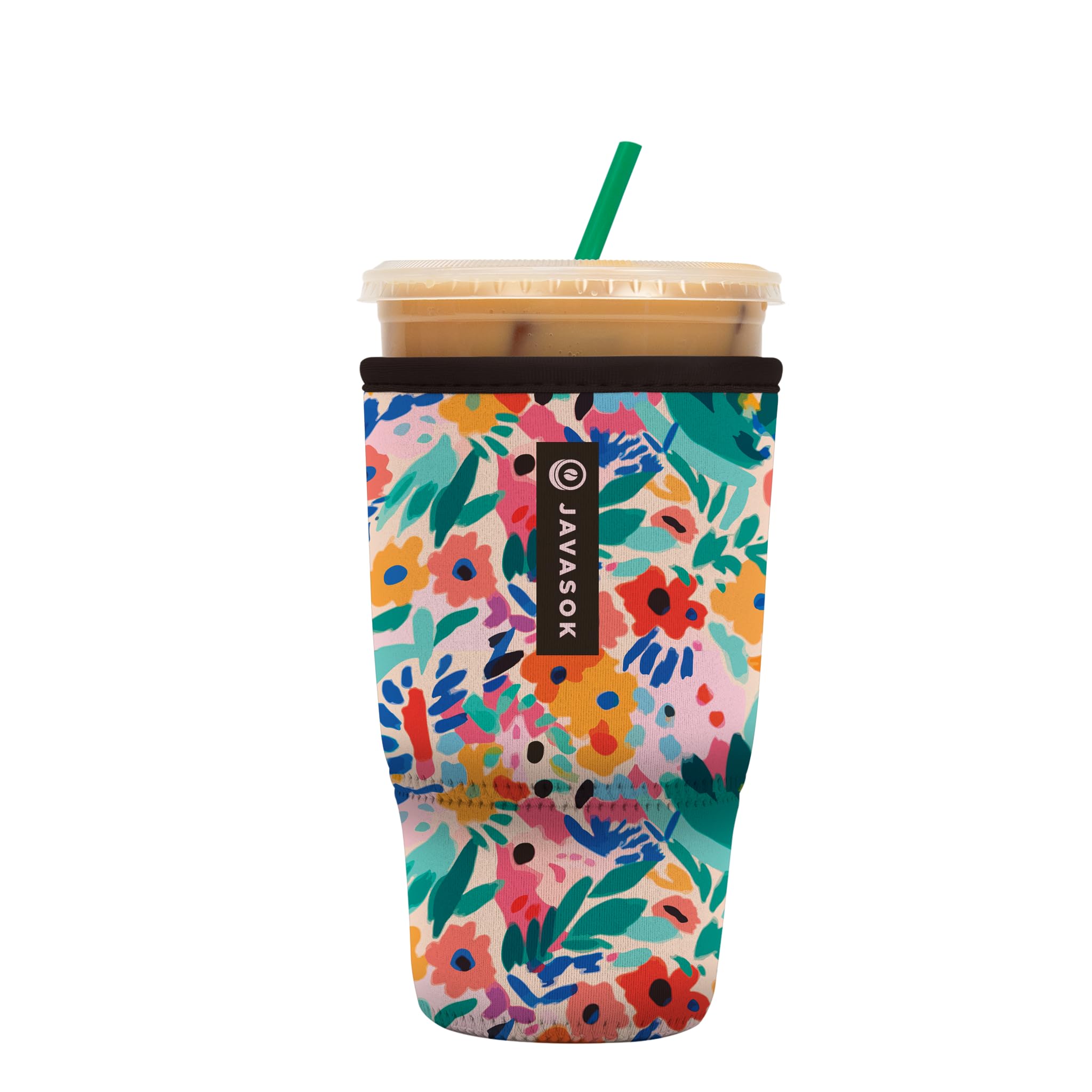 Sok It JavaSok iced coffee sleeve in abstract floral keeps drinks cool and hands comfortable.