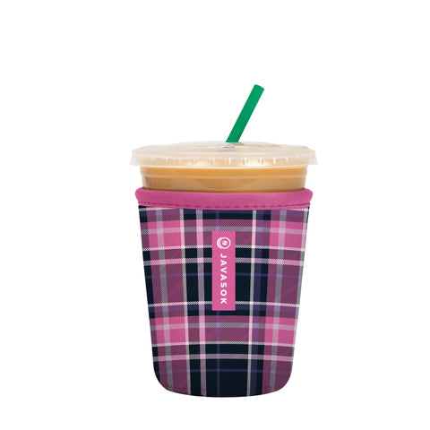 Sok It JavaSok iced coffee sleeve in Berry Plaid keeps drinks cold and hands comfortable.