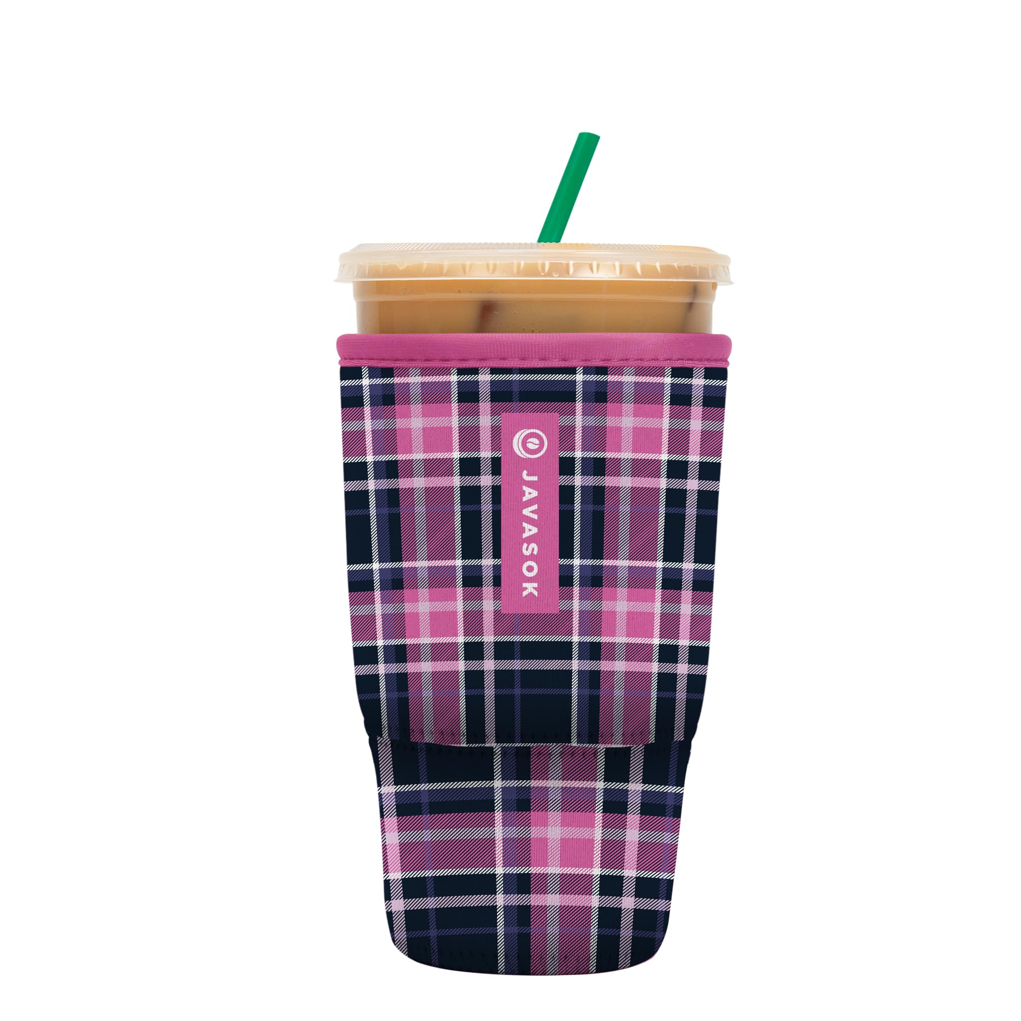 Sok It JavaSok Berry Plaid sleeve on a 30-32oz cup preserves cold drinks