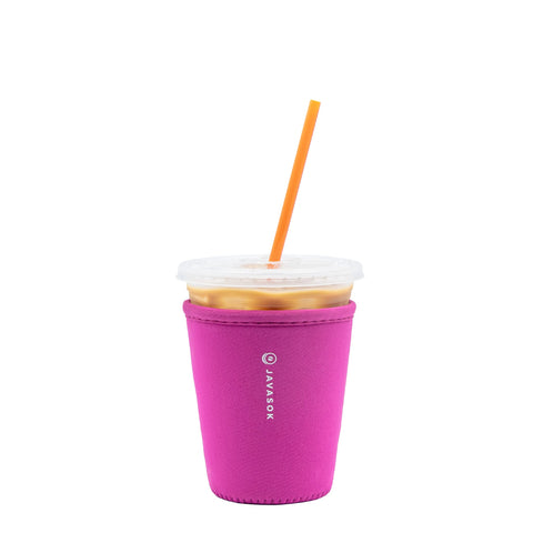 Sok It JavaSok pink insulated sleeve on desk keeping drinks cold.