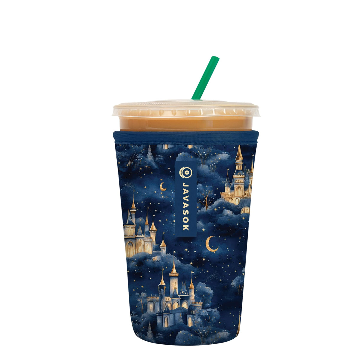 Sok It JavaSok iced coffee sleeve with Castle in the Sky design keeps drinks cold and comfortable.