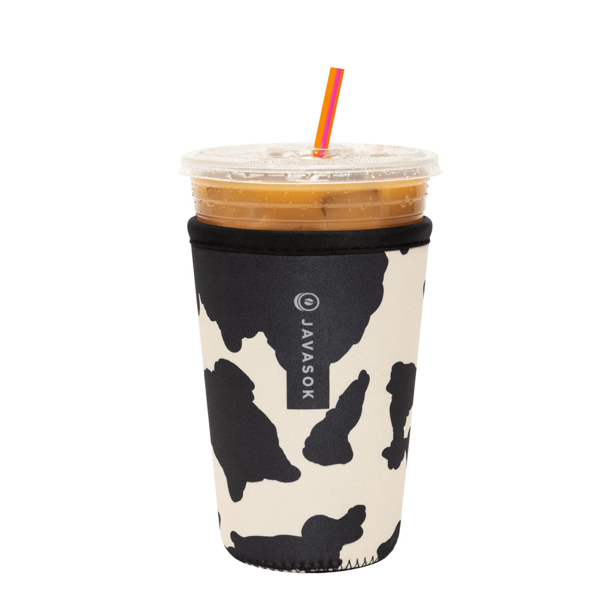 Sok It JavaSok cow-print insulated sleeve around iced coffee for a cool grip
