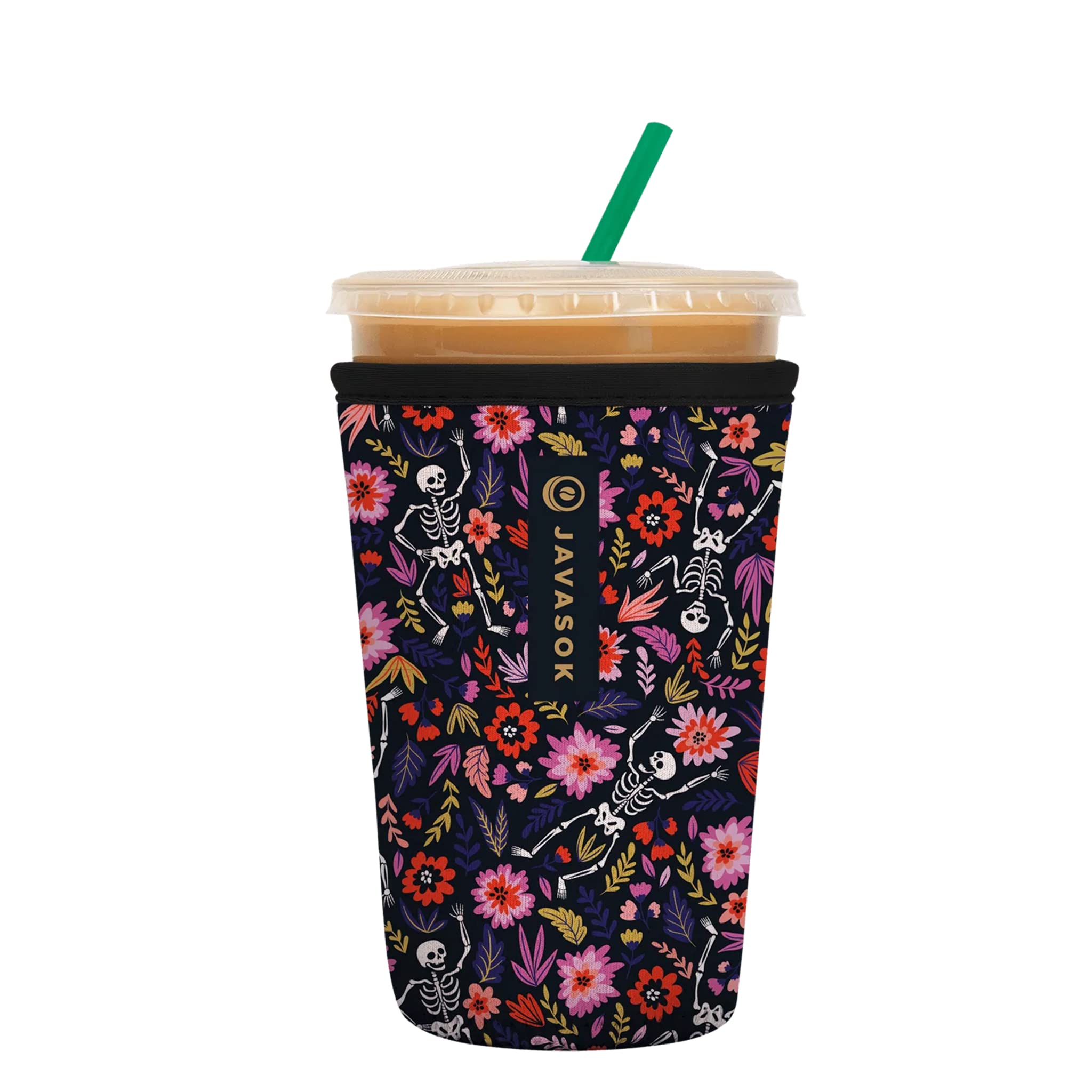 Sok It JavaSok floral skeleton sleeve on a cold coffee cup for on-the-go insulation.