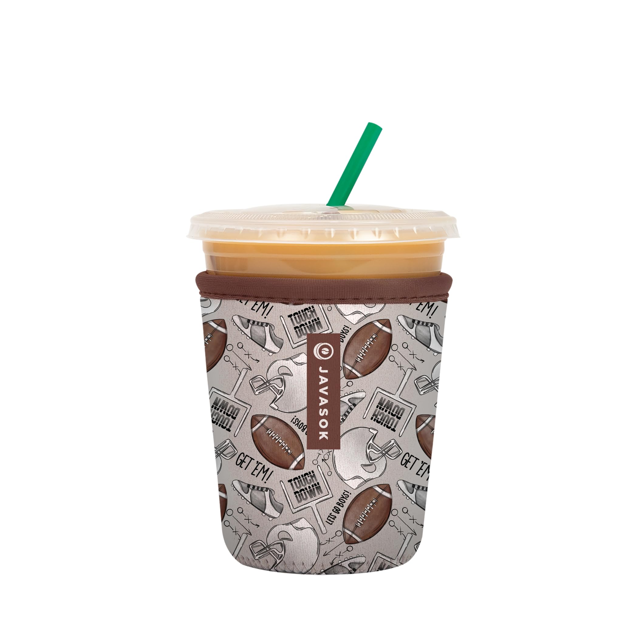 Sok It JavaSok insulated sleeve on a 16-20oz cup, football design, showing cold beverage protection.
