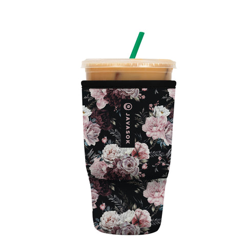 Sok It JavaSok iced coffee sleeve front view with bloom at night design, keeps drinks cold and hands warm