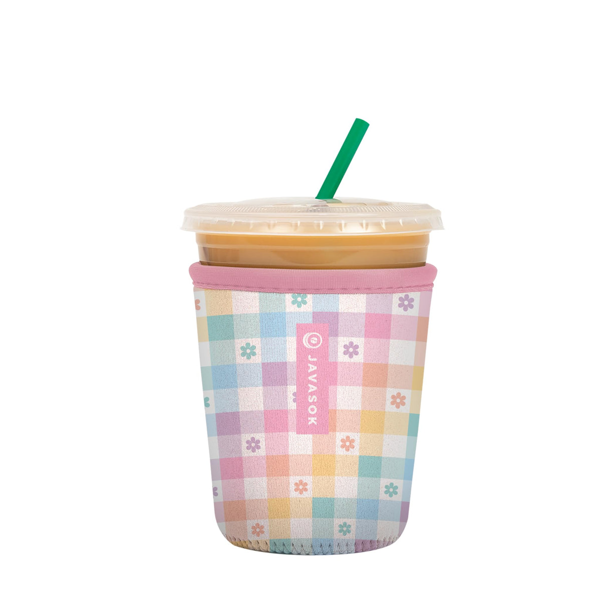 Sok It JavaSok iced coffee sleeve with gingham flowers for stylish insulation
