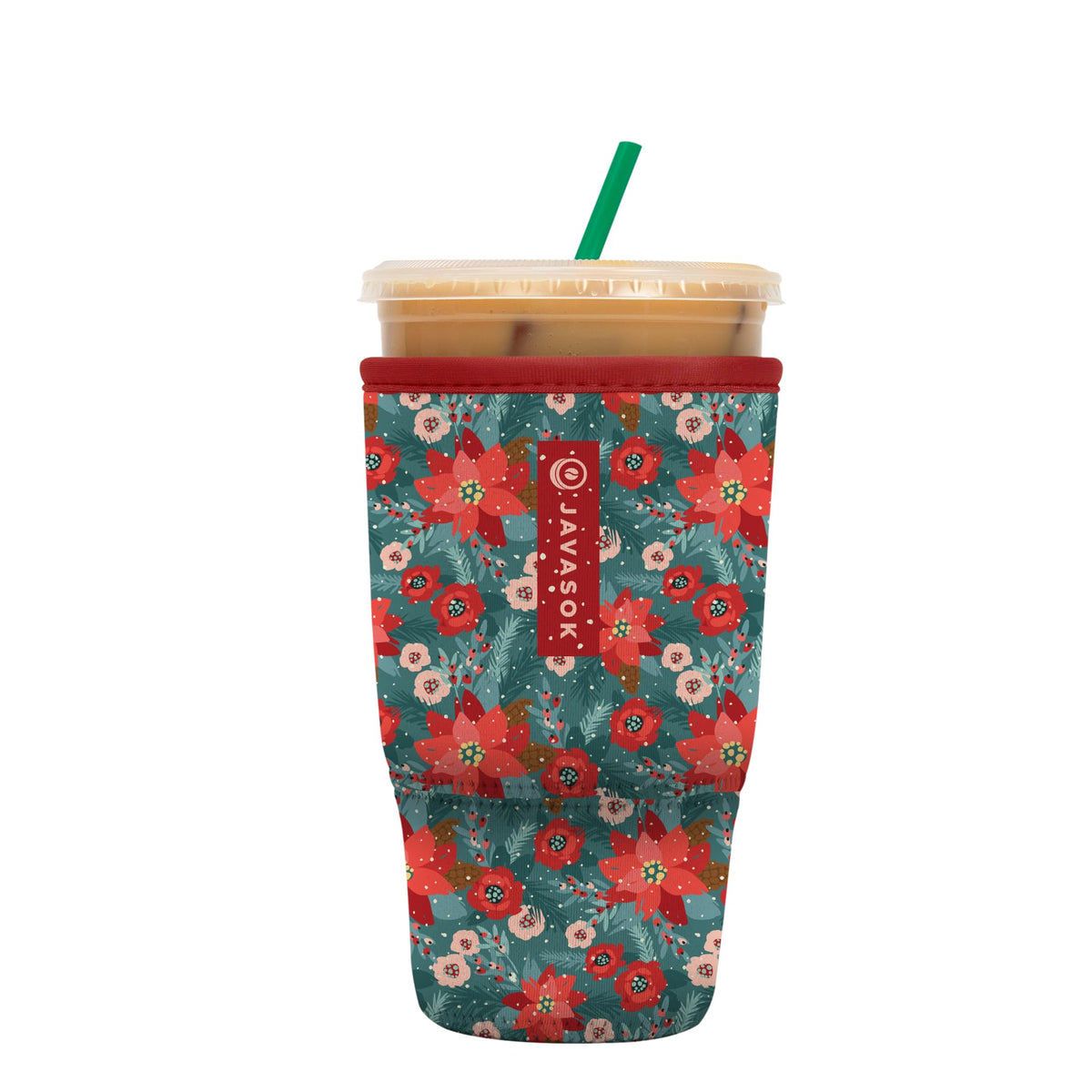 Sok It JavaSok iced coffee sleeve in Pastel Poinsettias keeps drinks cold and hands warm.