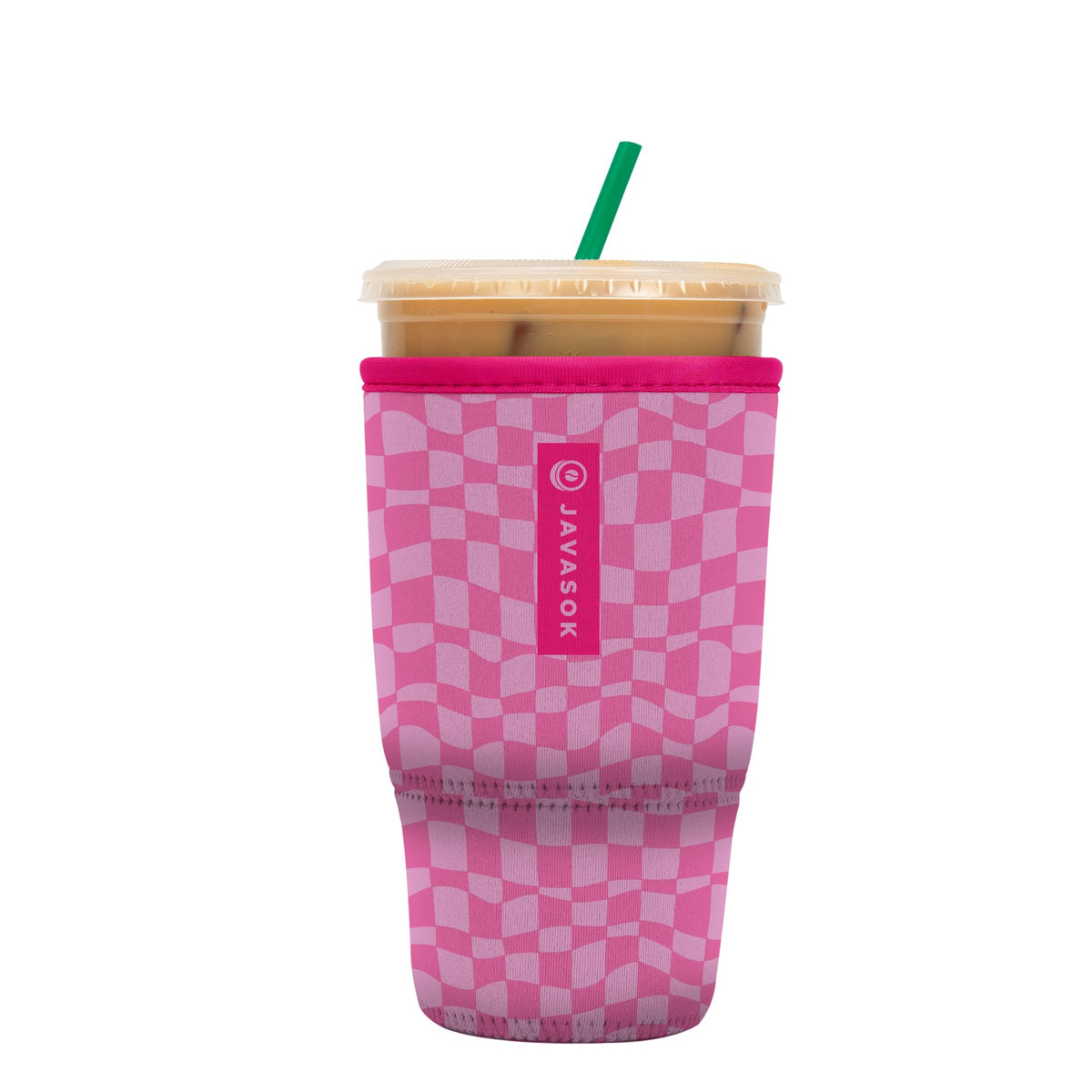 Sok It JavaSok pink Grand Prix sleeve on a large 30-32oz cup, keeps drinks cold longer