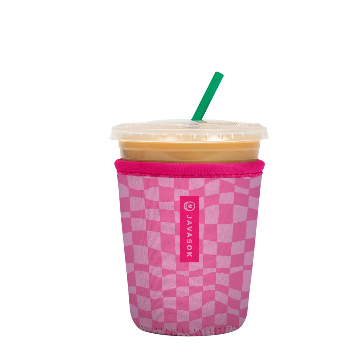 Sok It JavaSok iced coffee sleeve wrapped around pink Grand Prix, keeps drinks cold while you sip.