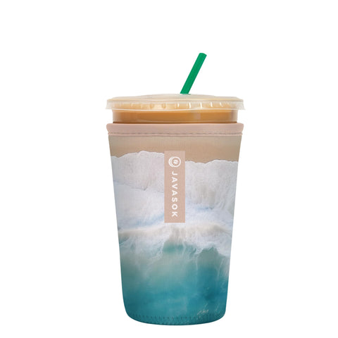 Sok It JavaSok insulated sleeve on cup side view keeps coffee cold and hands dry.