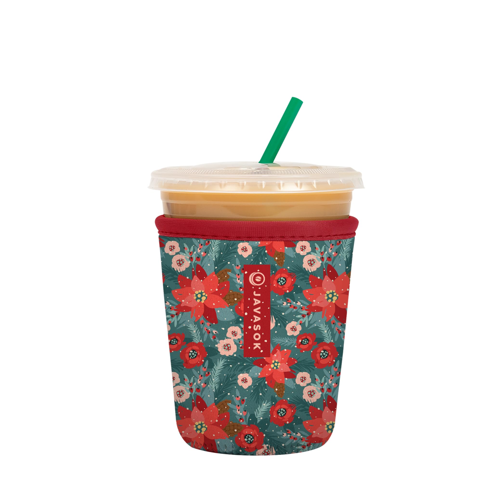 Sok It JavaSok pastel poinsettias sleeve on a cup, keeps drinks cool