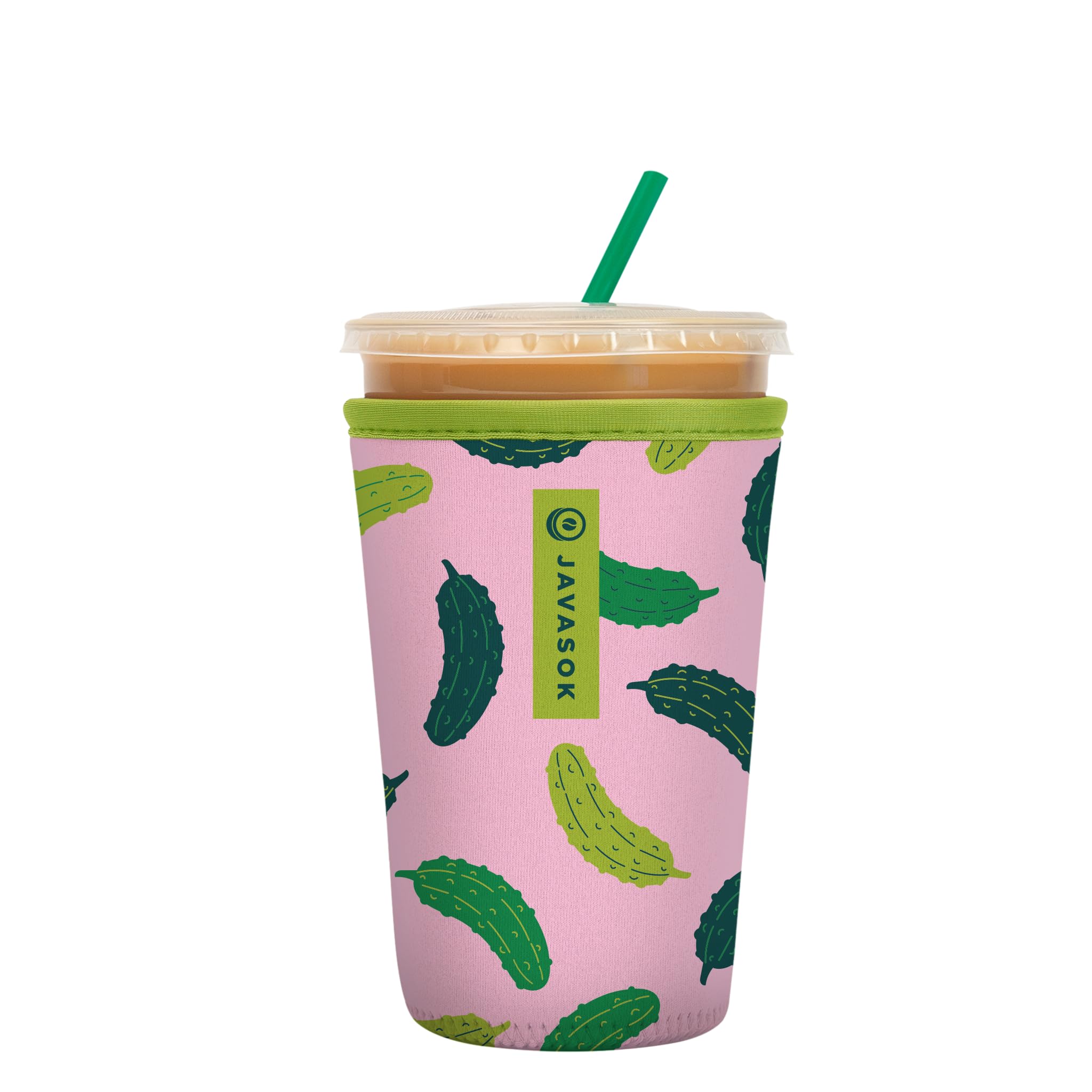 Sok It JavaSok Pickle Me Pink sleeve on a cup keeps drinks cold and hands dry.