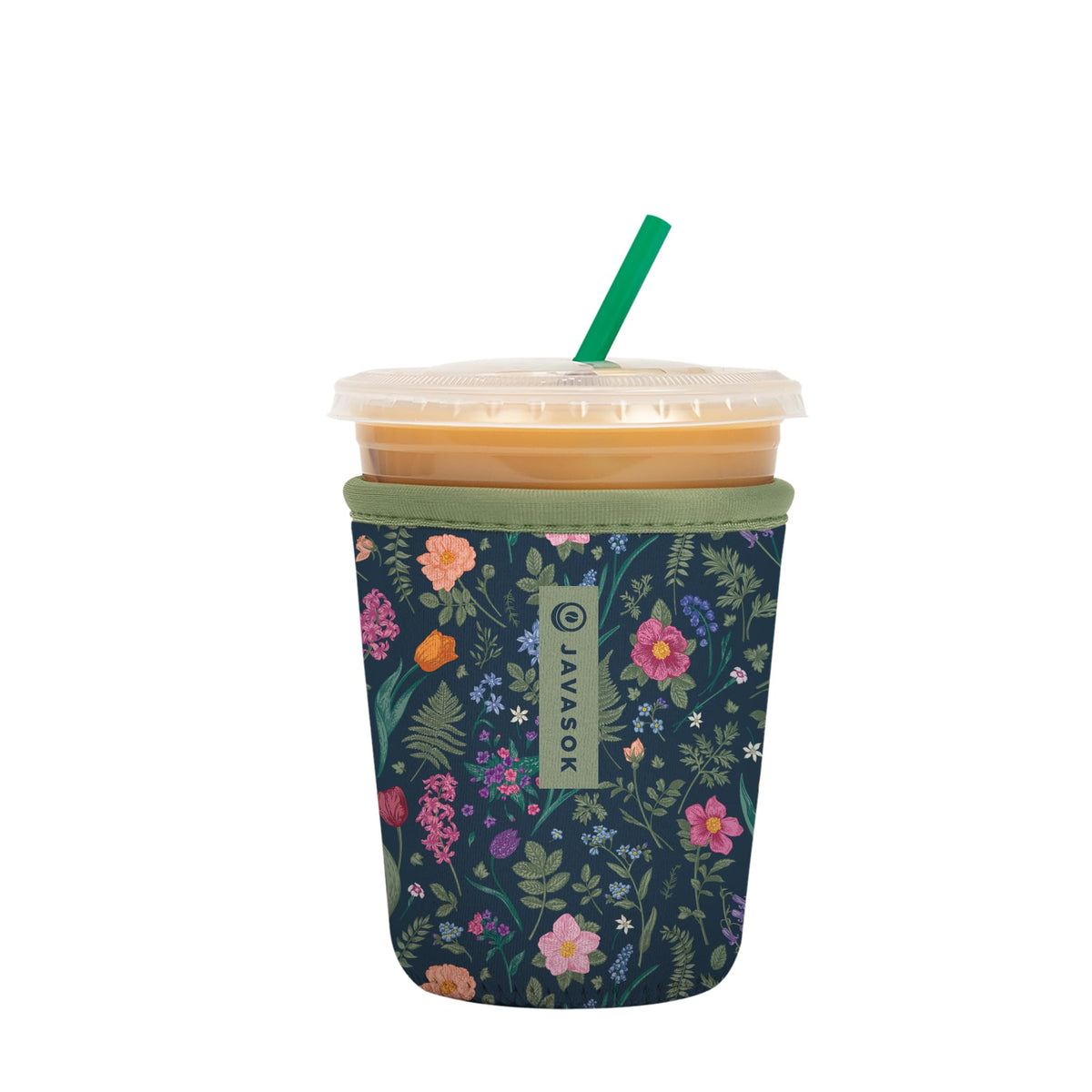 Sok It JavaSok Spring Noir sleeve on a cup keeps drinks colder longer.