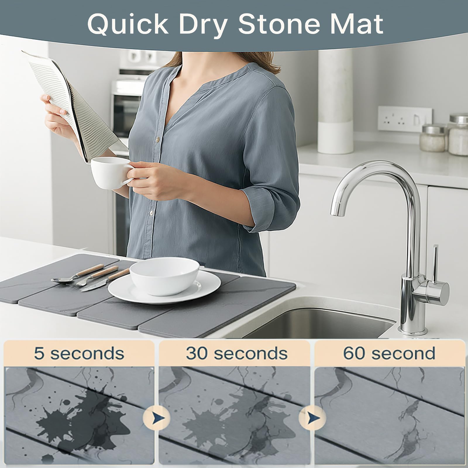 Solavelle foldable mat demonstrates compact storage under a cabinet.