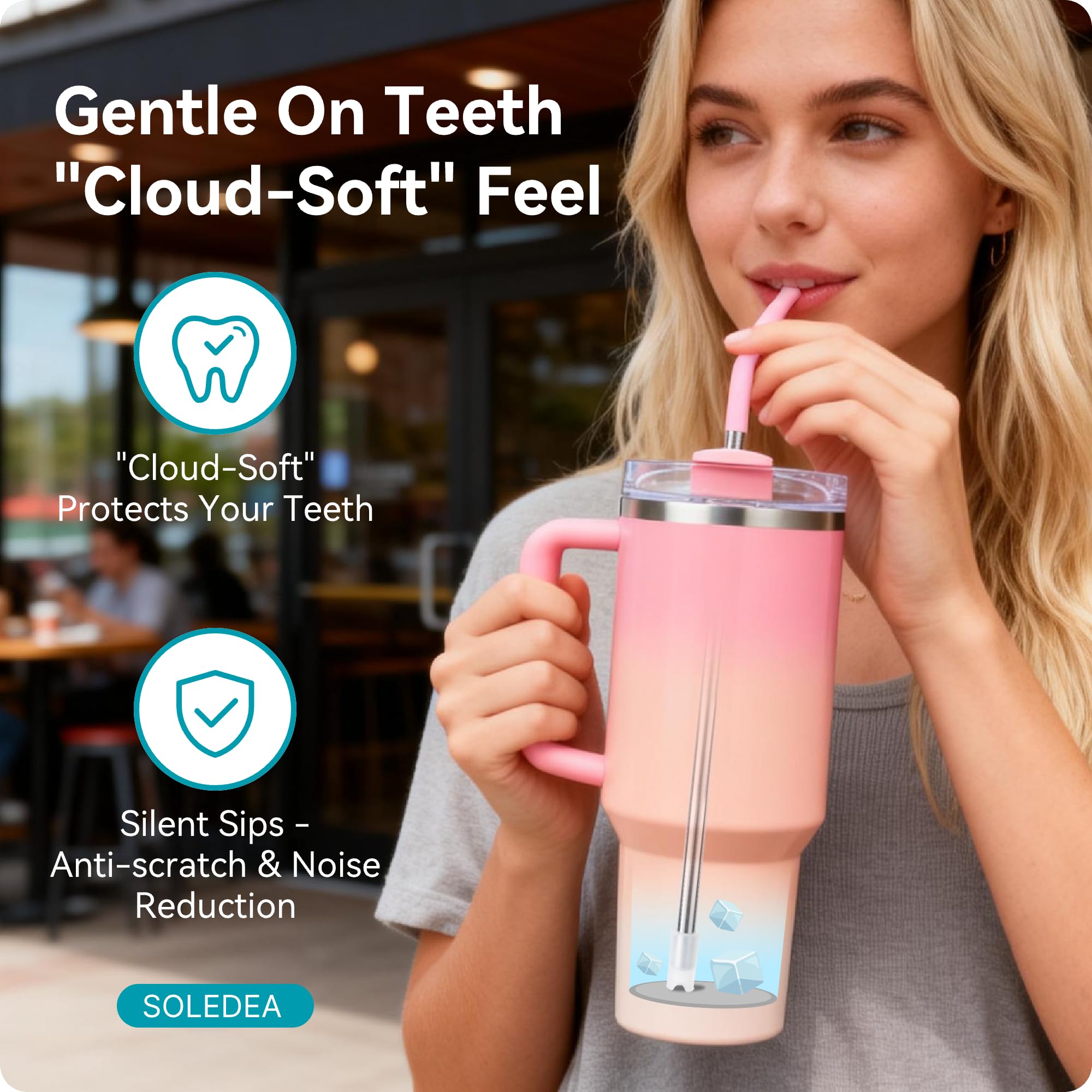 Soledea silicone tip on 40 oz straw provides comfortable lip contact.